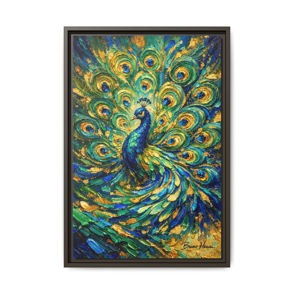 Peacock Oil-Style Framed Canvas Wall Art — Vibrant Blue & Gold Peacock Painting