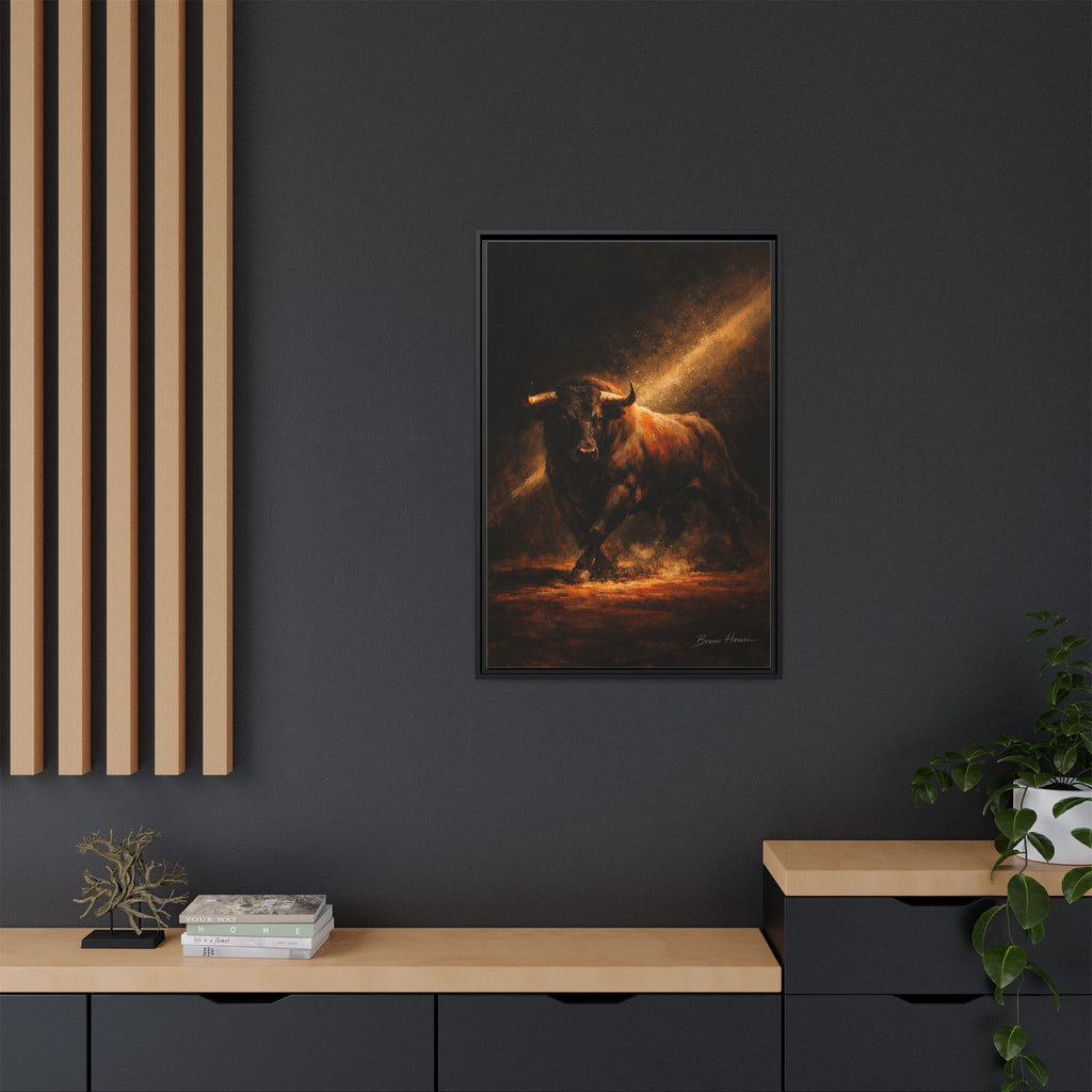 Framed Matte Canvas Art - Dramatic Charging Bull Painting