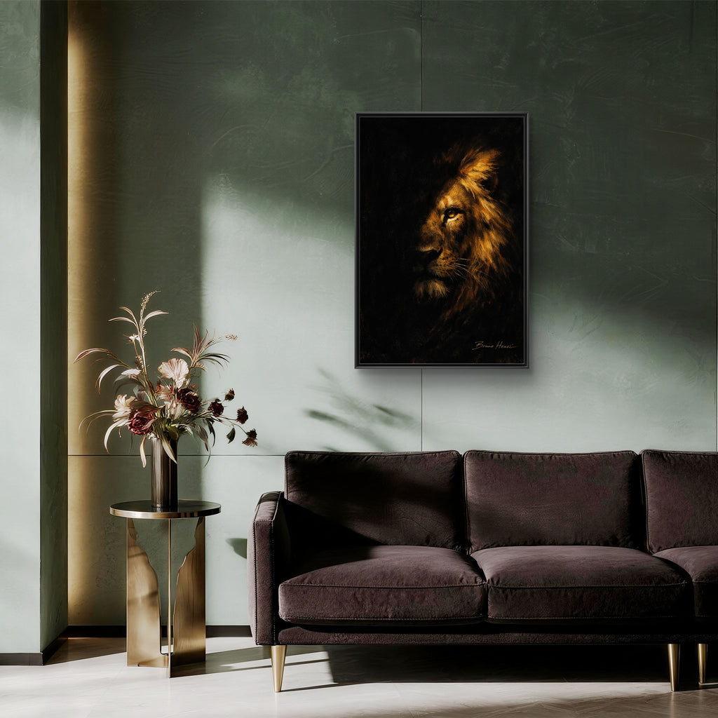 Majestic Lion Portrait Framed Canvas Wall Art — Golden Mane on Black Matte Print