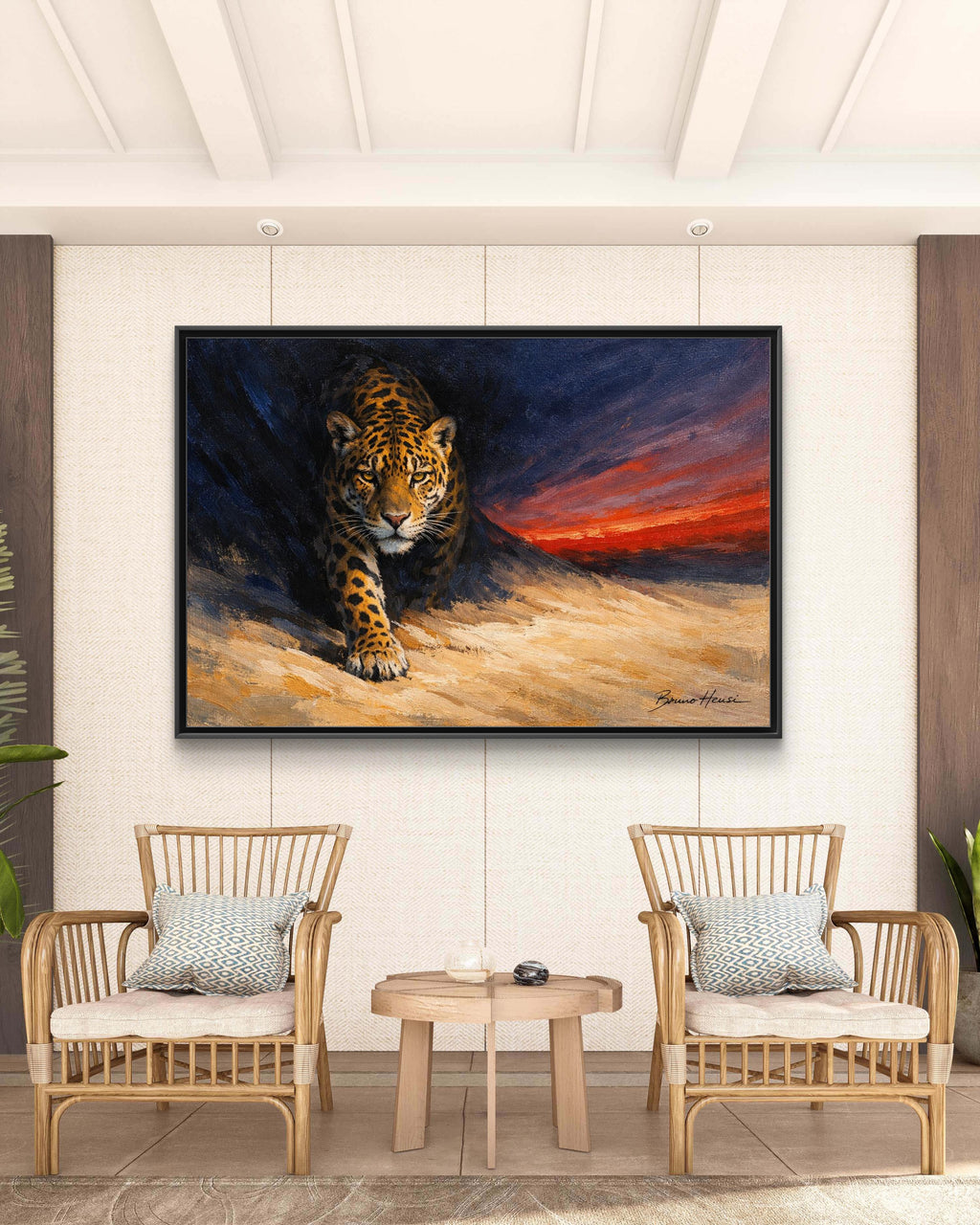 Framed Jaguar Canvas Art – Majestic Big Cat Painting with Sunset Sky
