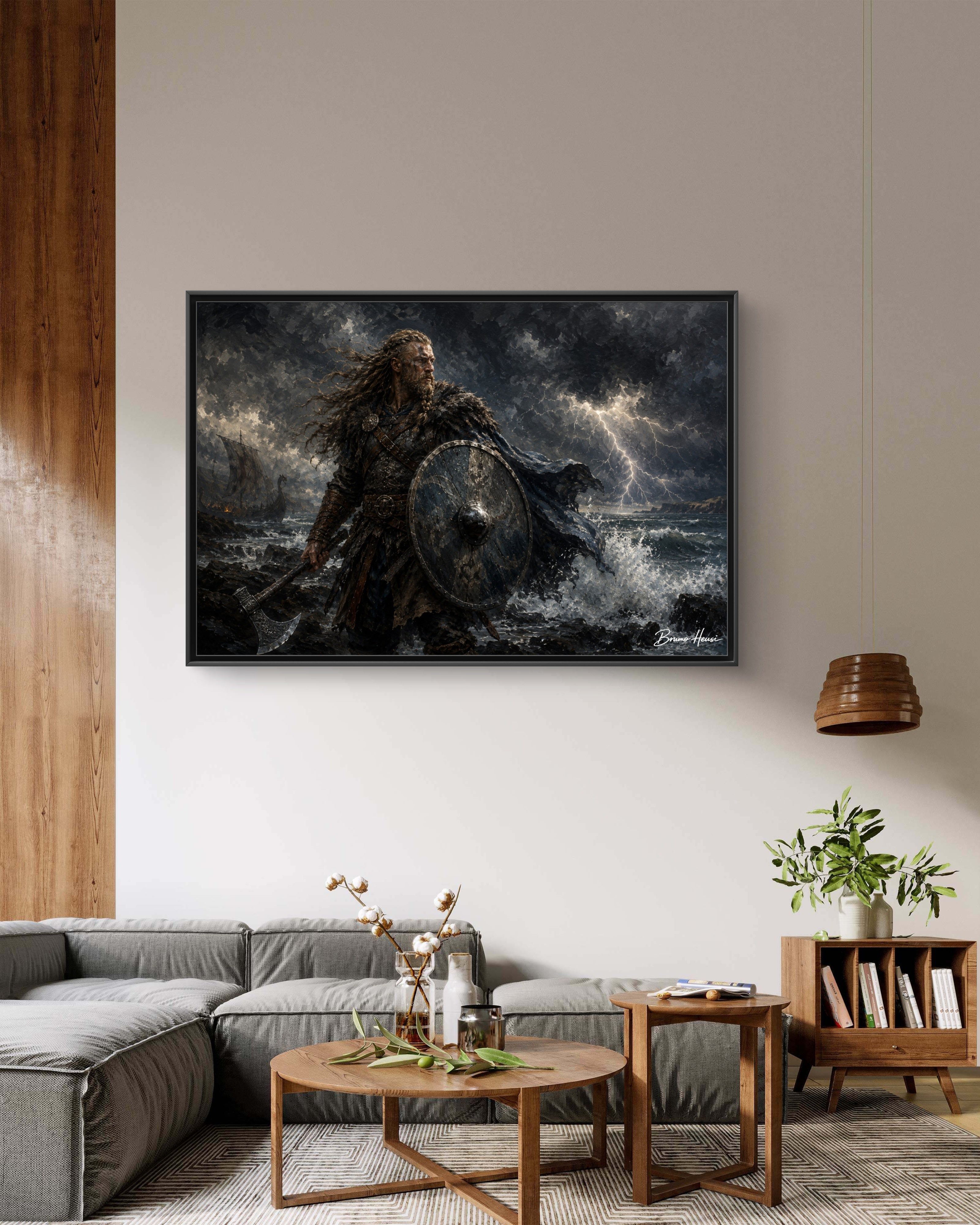 Viking Warrior Matte Framed Canvas Print — Stormy Norse Shield and Axe Wall Art