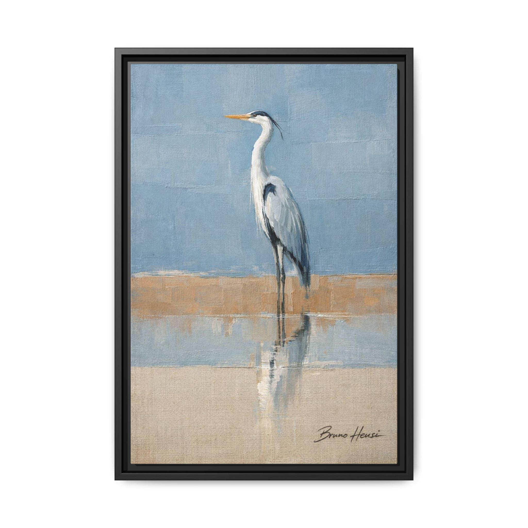 Framed Heron Canvas Art – Coastal Shorebird Wall Decor
