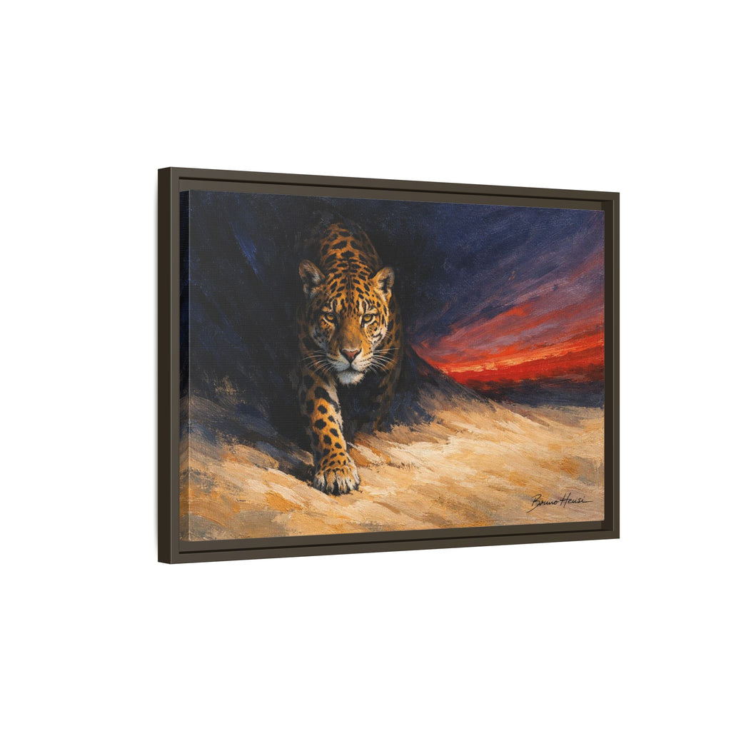 Framed Jaguar Canvas Art – Majestic Big Cat Painting with Sunset Sky