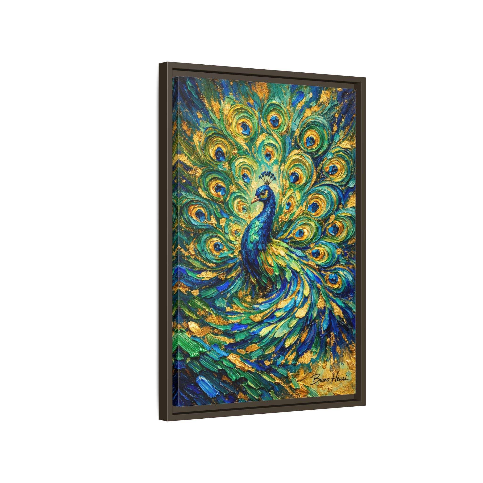 Peacock Oil-Style Framed Canvas Wall Art — Vibrant Blue & Gold Peacock Painting