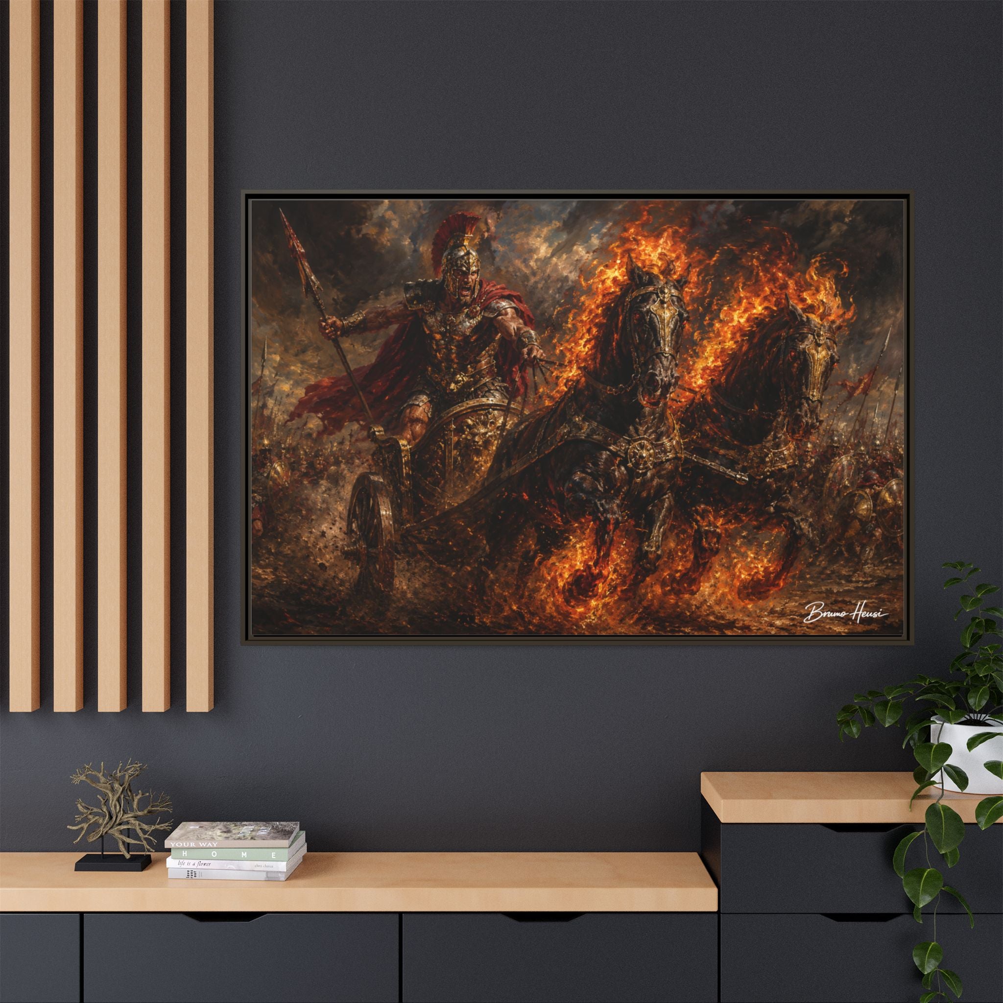 Flaming Chariot Framed Canvas Wall Art — Mythic Warrior Matte Print