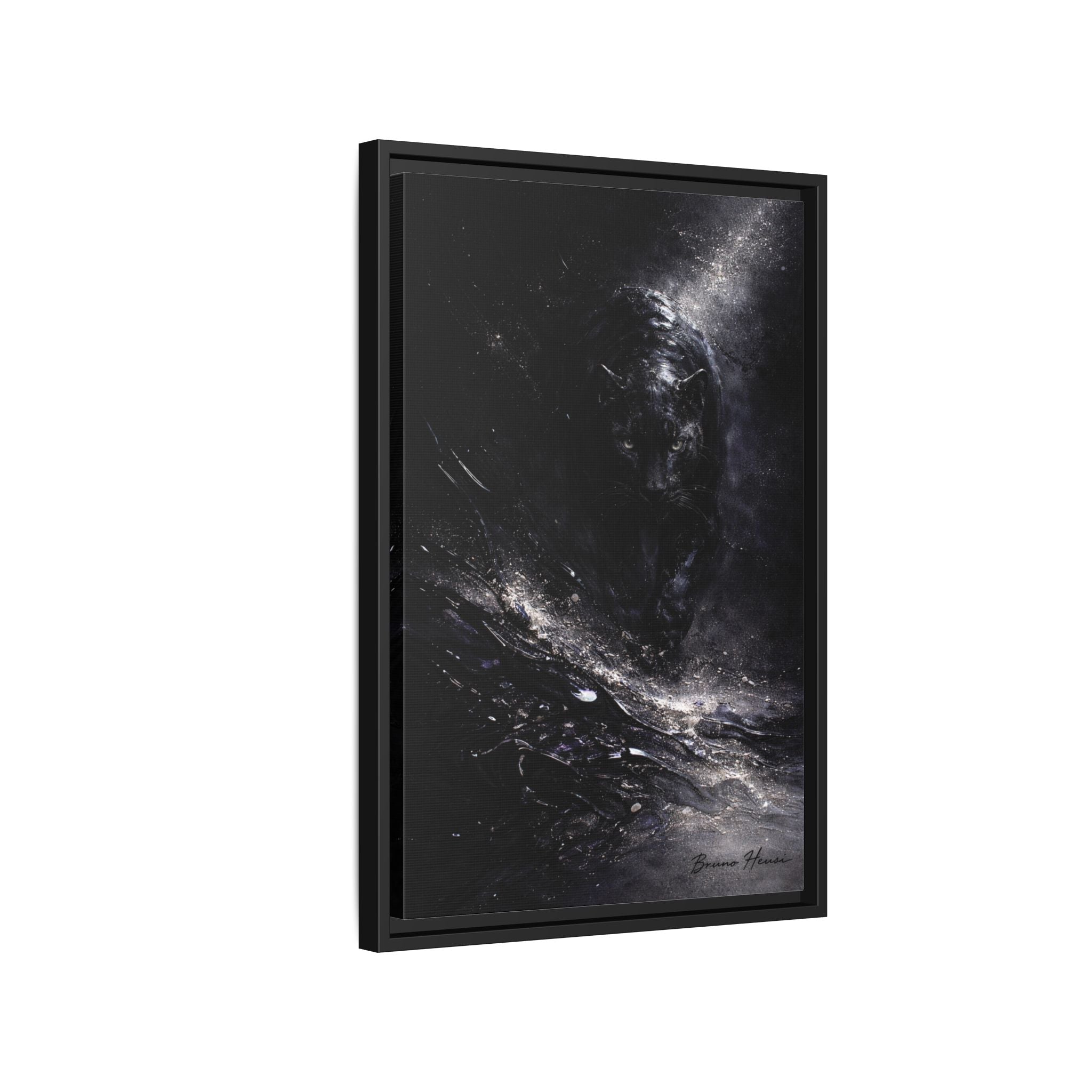 Cosmic Black Panther Matte Framed Canvas – Dark Abstract Wildlife Wall Art