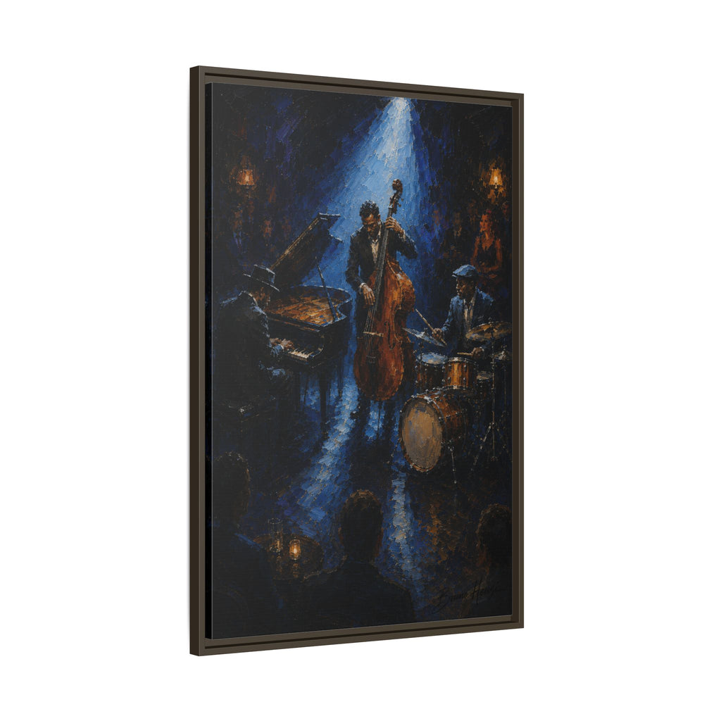 Framed Jazz Quartet Canvas Wall Art – Moody Blue Music Scene