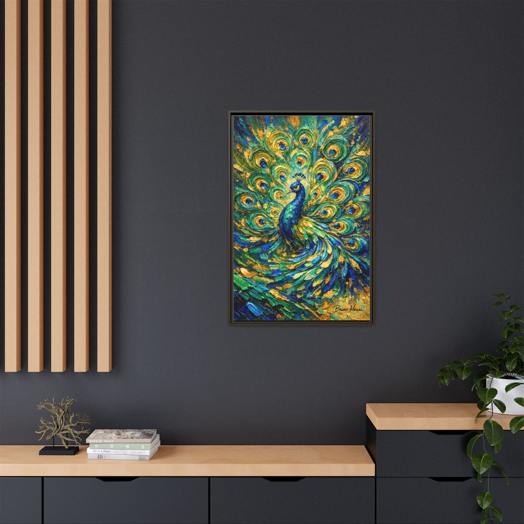 Peacock Oil-Style Framed Canvas Wall Art — Vibrant Blue & Gold Peacock Painting