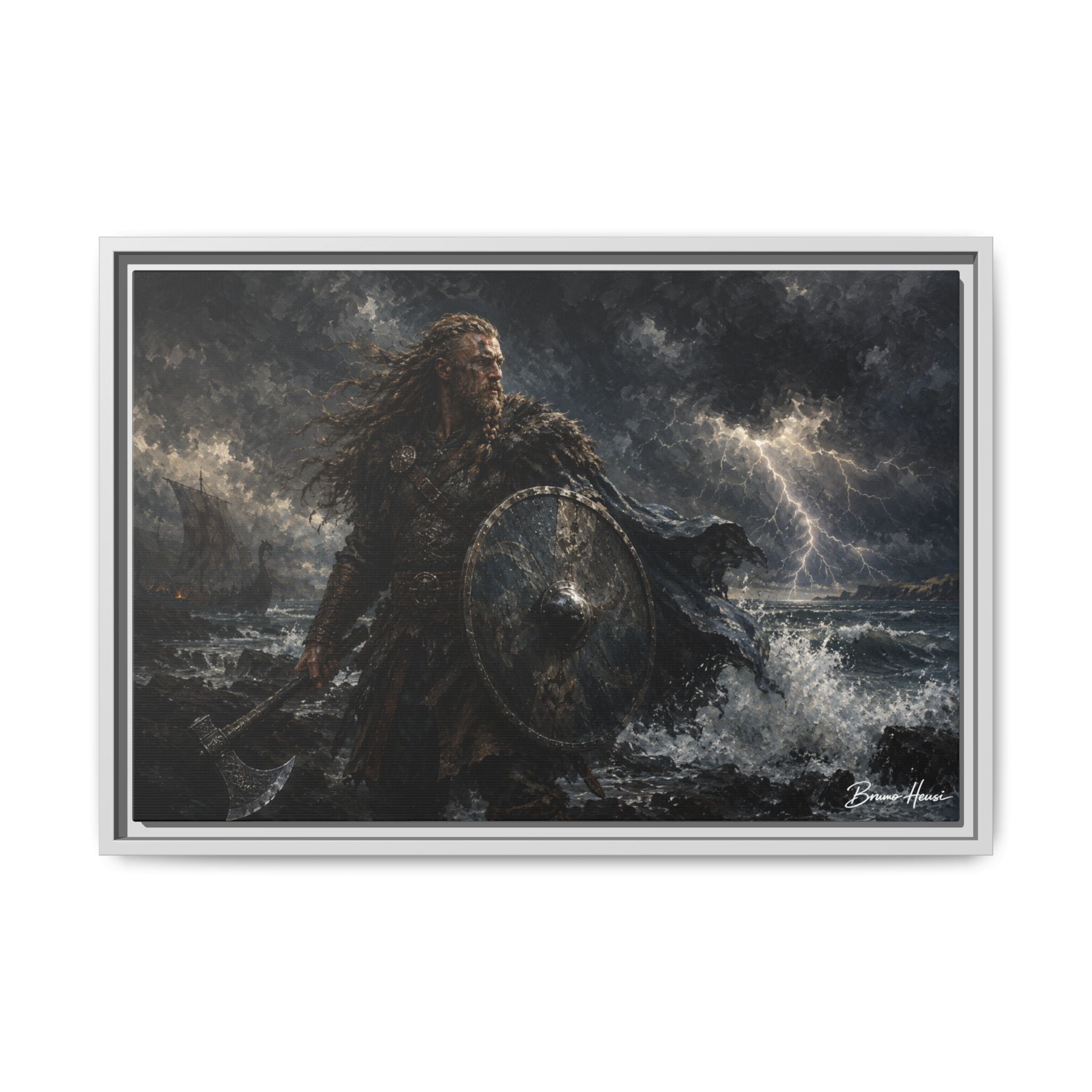 Viking Warrior Matte Framed Canvas Print — Stormy Norse Shield and Axe Wall Art