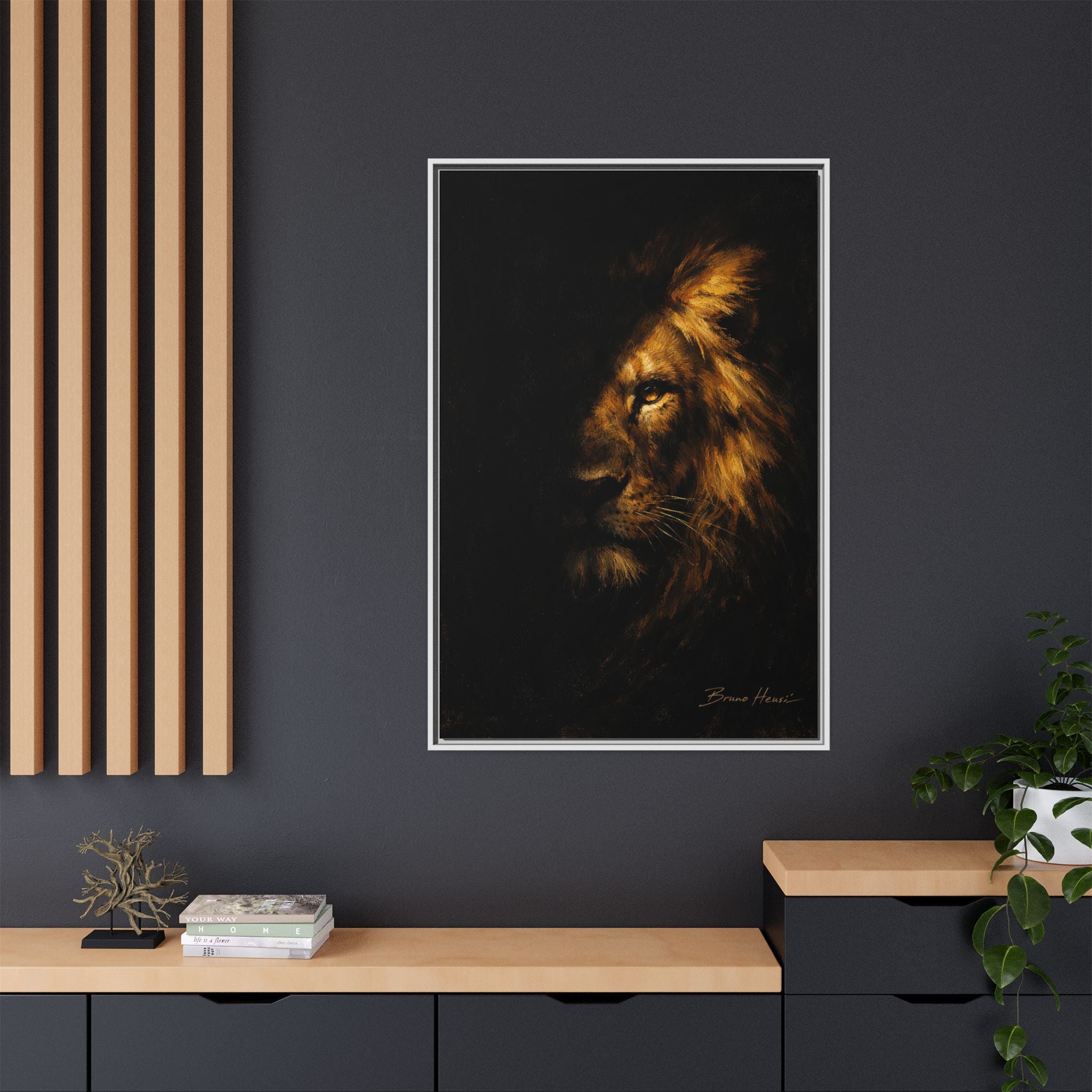 Majestic Lion Portrait Framed Canvas Wall Art — Golden Mane on Black Matte Print