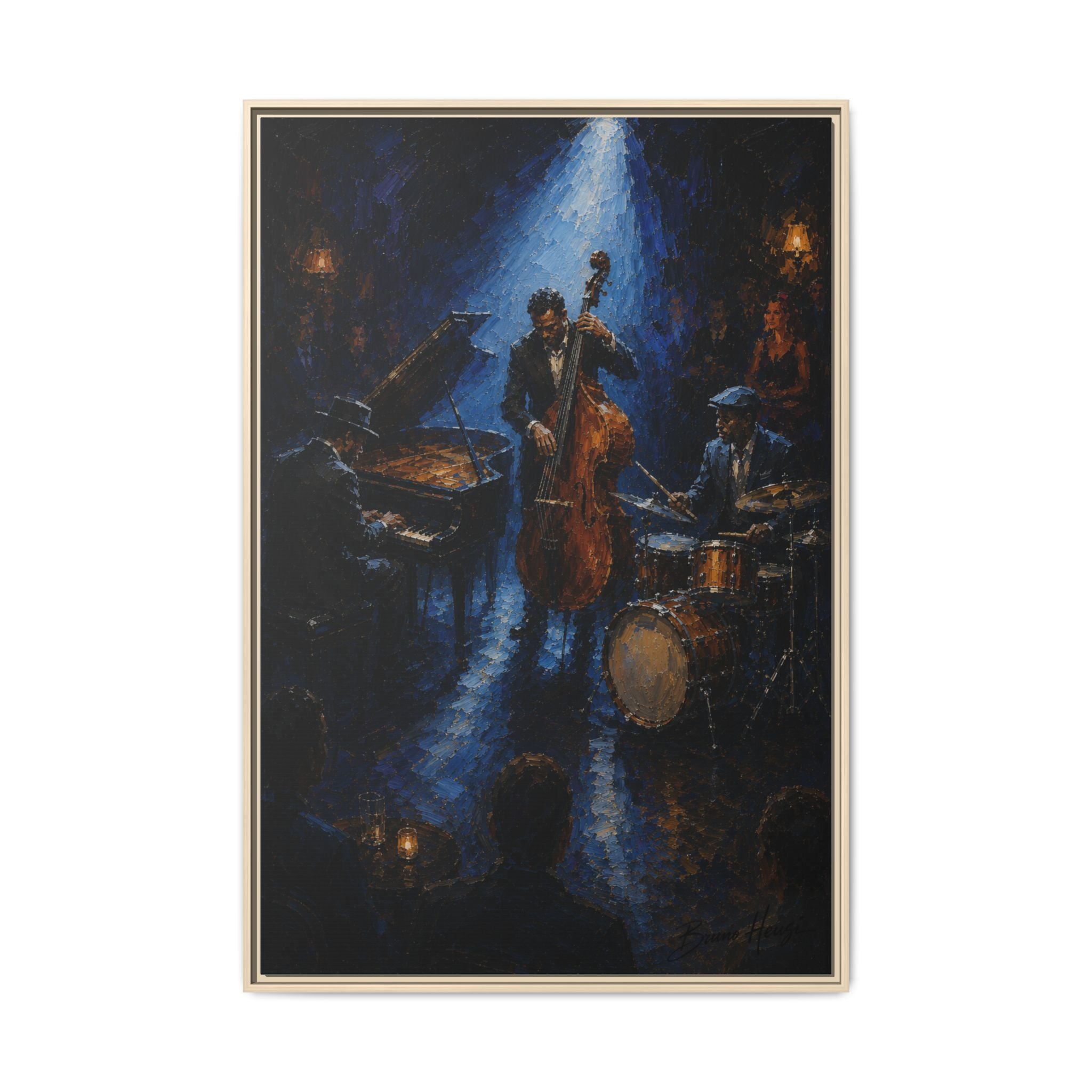Framed Jazz Quartet Canvas Wall Art – Moody Blue Music Scene