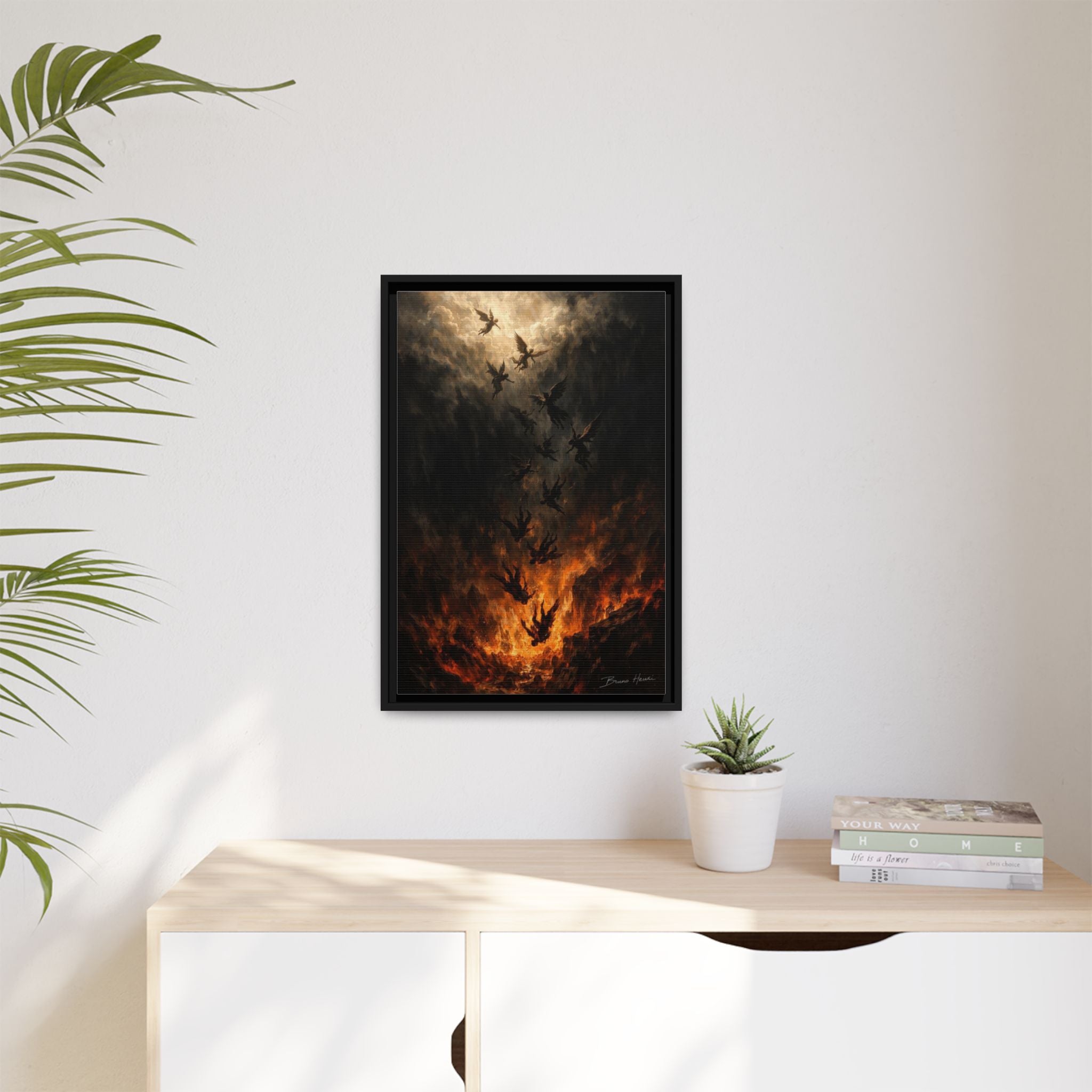 Falling Angels Matte Framed Canvas Print — Dark Fantasy Wall Art