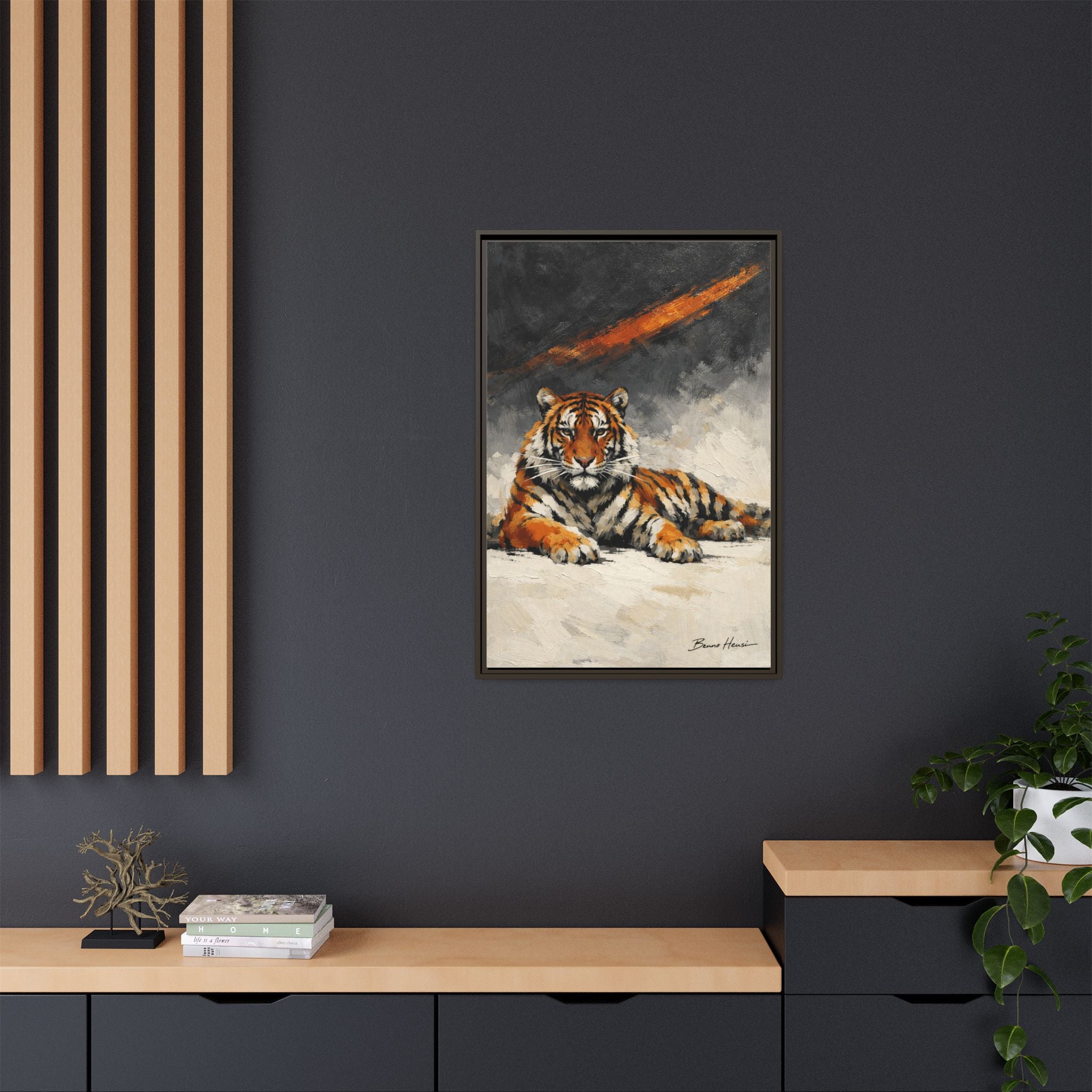 Framed Tiger Canvas Wall Art — Majestic Orange & Gray Matte Print