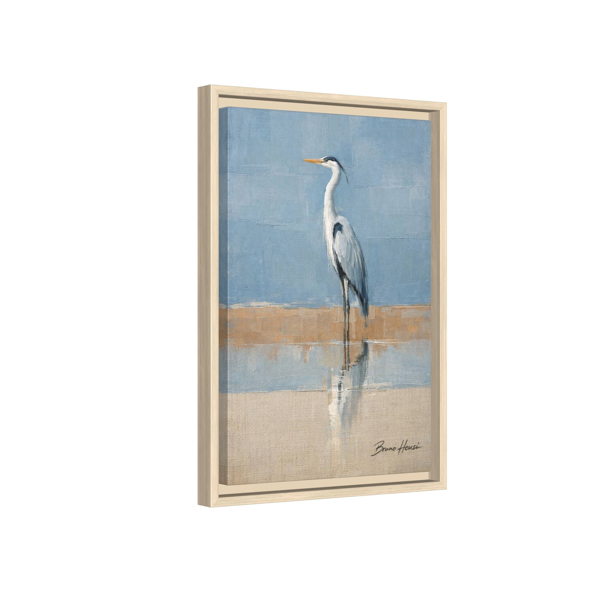 Framed Heron Canvas Art – Coastal Shorebird Wall Decor