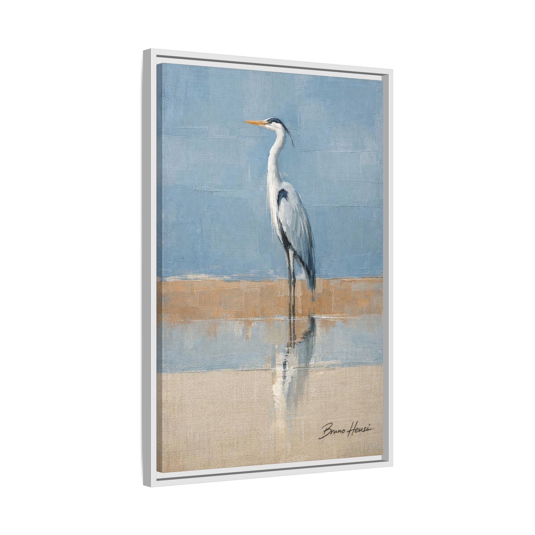 Framed Heron Canvas Art – Coastal Shorebird Wall Decor