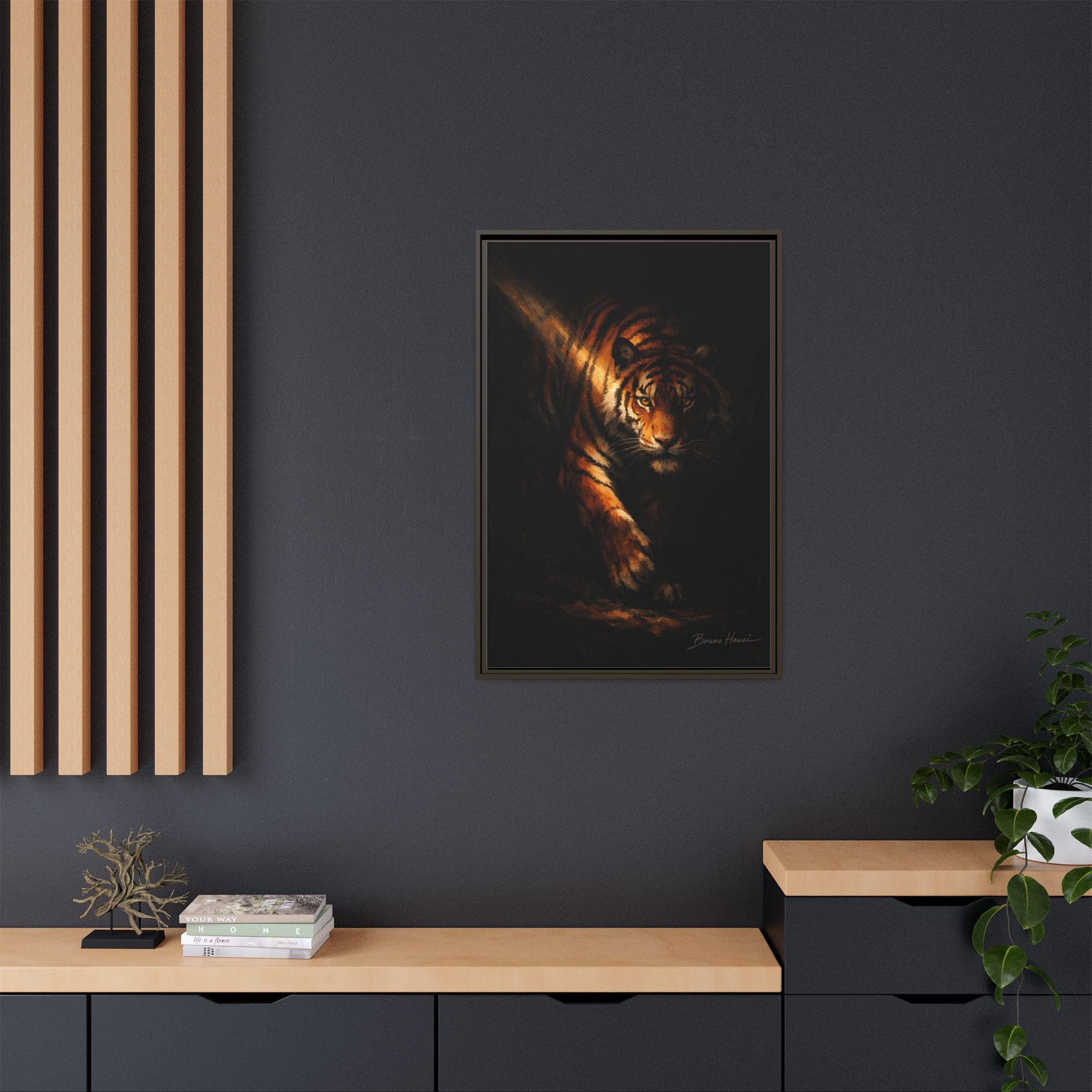 Tiger in the Shadows Matte Framed Canvas Print — Dramatic Wildlife Wall Art