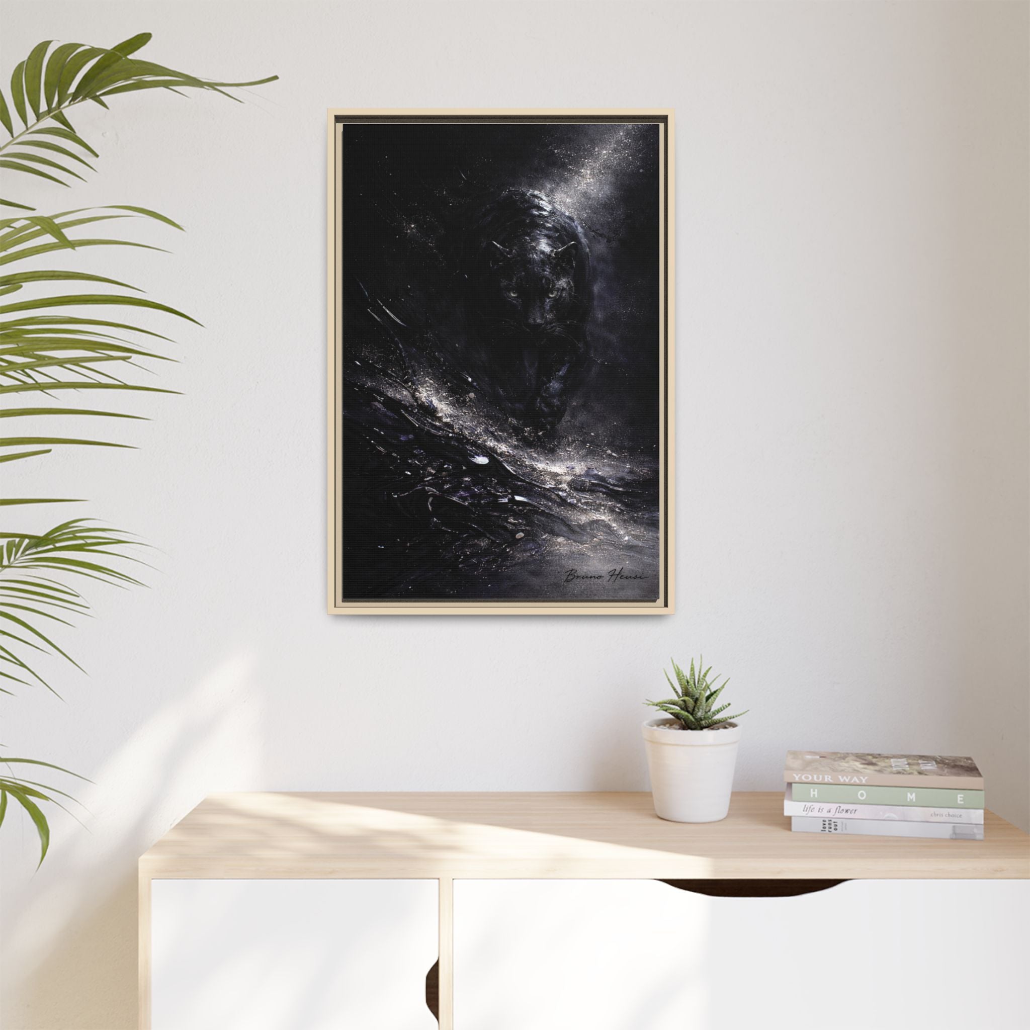 Cosmic Black Panther Matte Framed Canvas – Dark Abstract Wildlife Wall Art