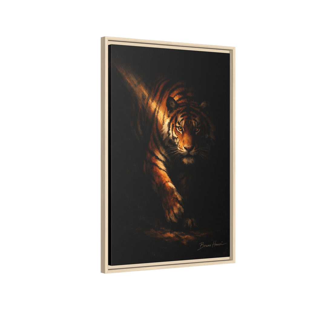 Tiger in the Shadows Matte Framed Canvas Print — Dramatic Wildlife Wall Art