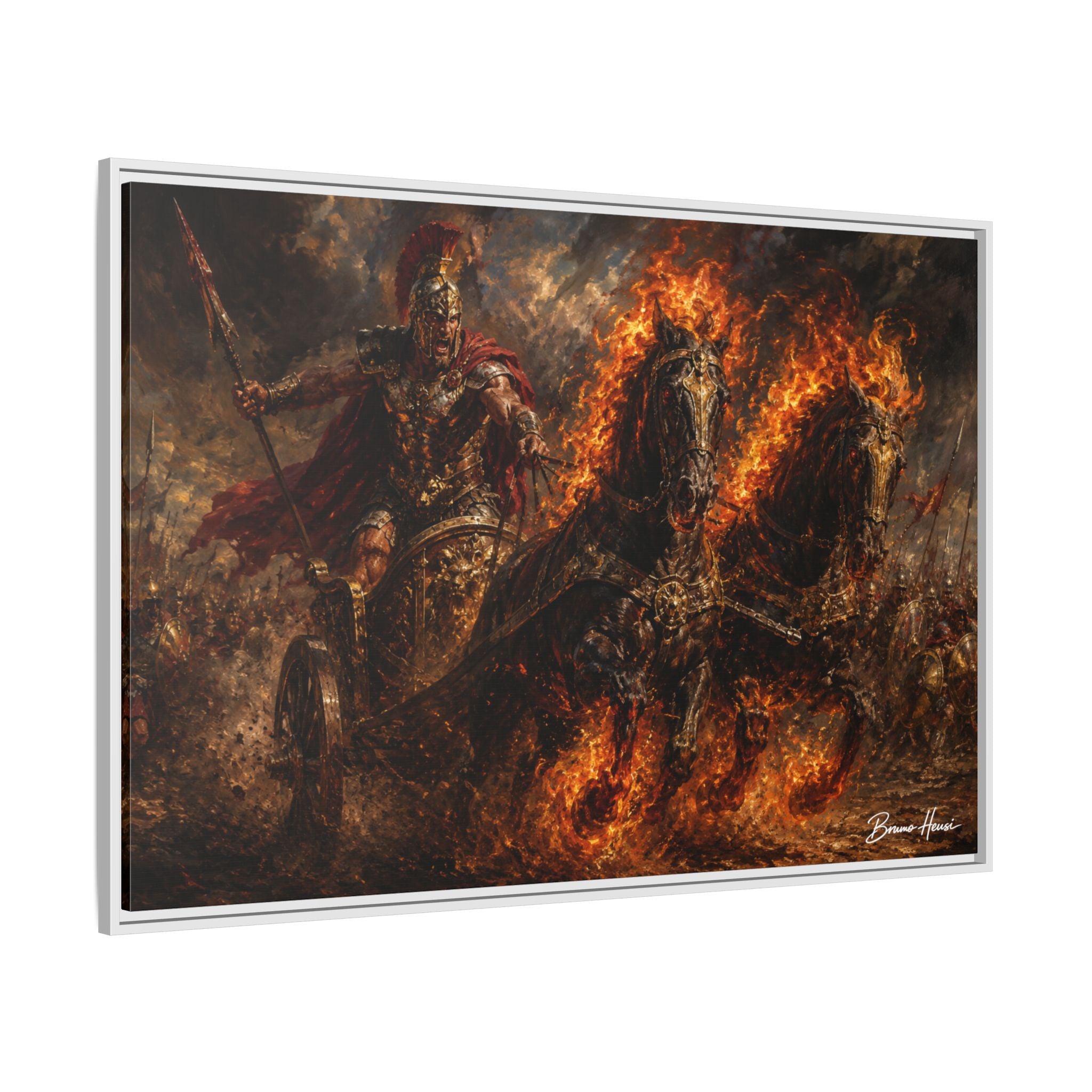 Flaming Chariot Framed Canvas Wall Art — Mythic Warrior Matte Print