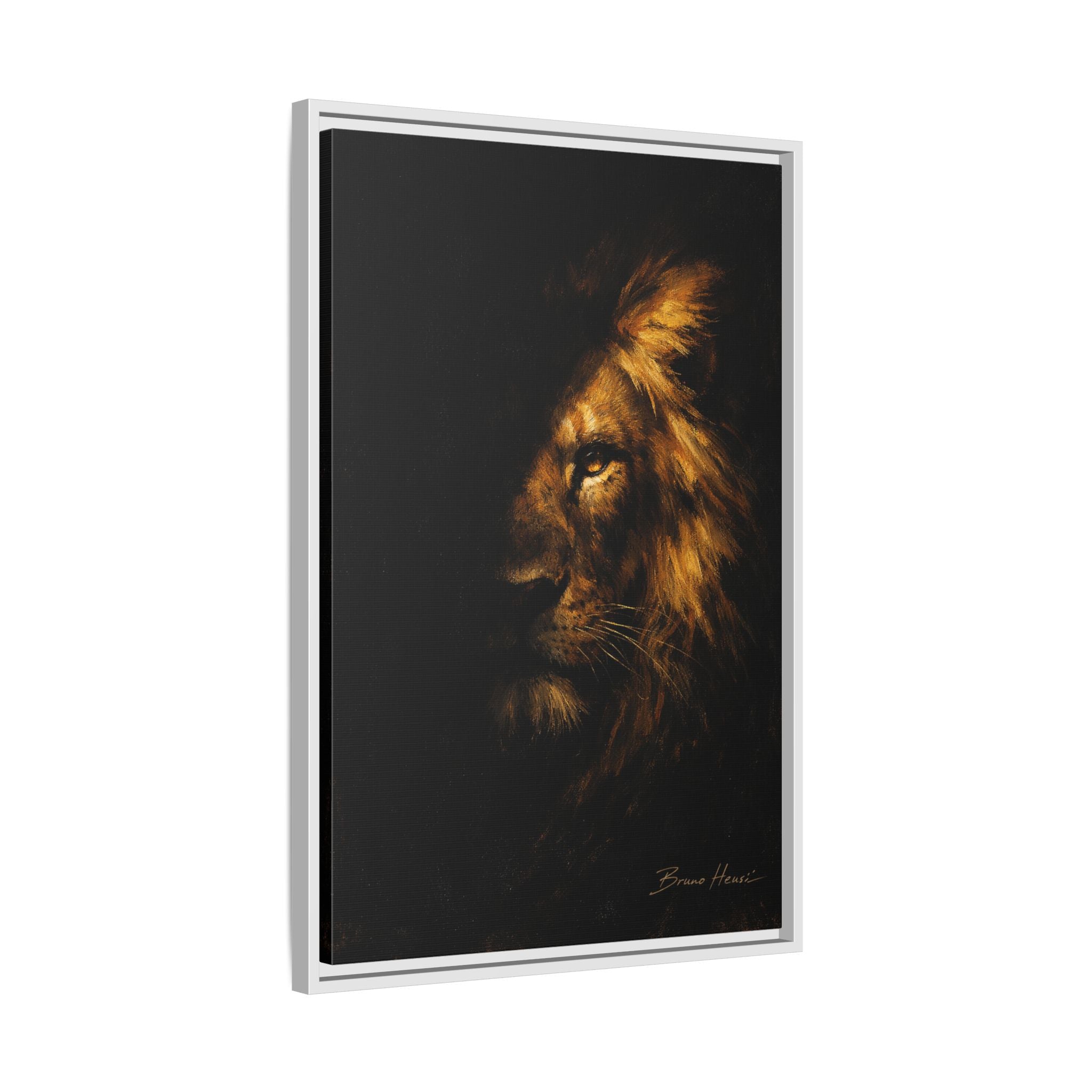 Majestic Lion Portrait Framed Canvas Wall Art — Golden Mane on Black Matte Print