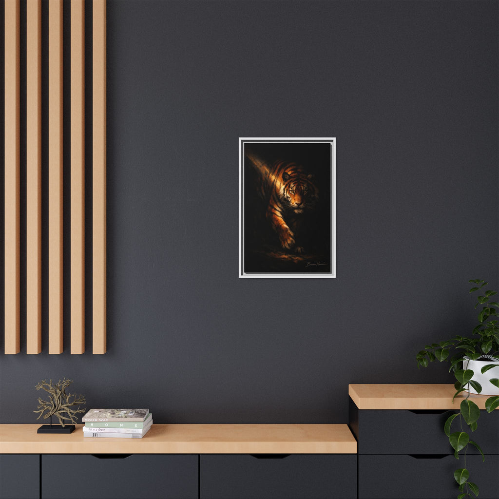 Tiger in the Shadows Matte Framed Canvas Print — Dramatic Wildlife Wall Art