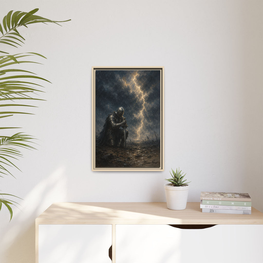 Knight in Thunderstorm Matte Framed Canvas — Dark Fantasy Wall Art