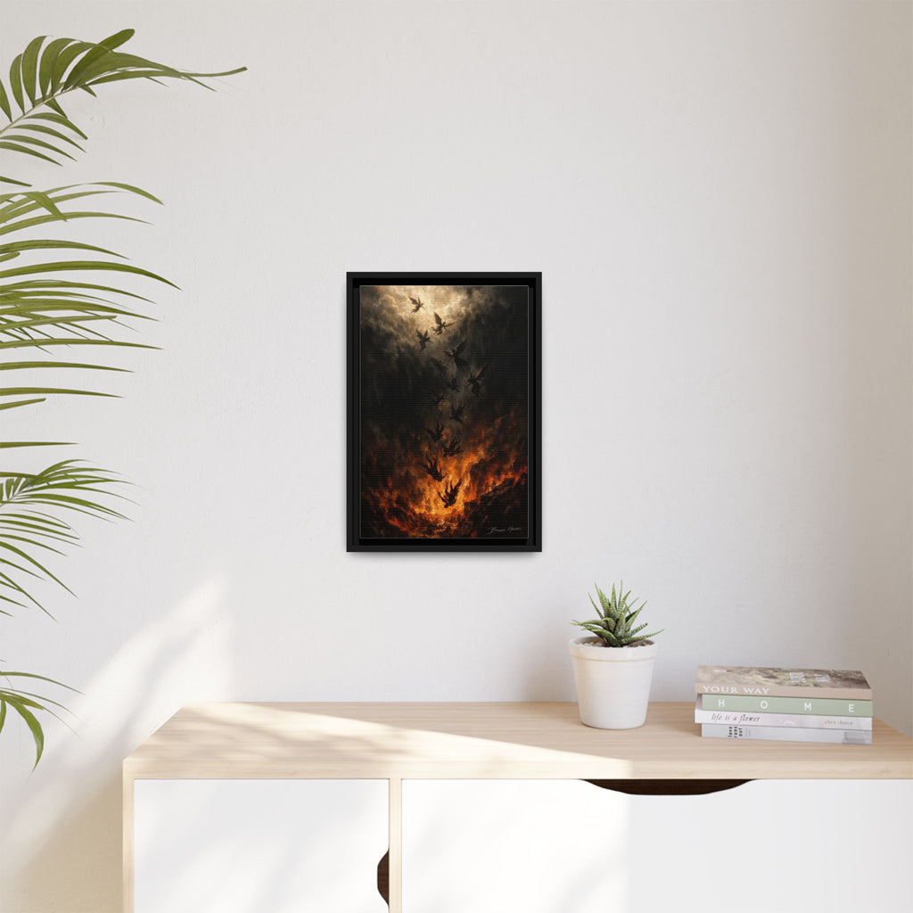 Falling Angels Matte Framed Canvas Print — Dark Fantasy Wall Art
