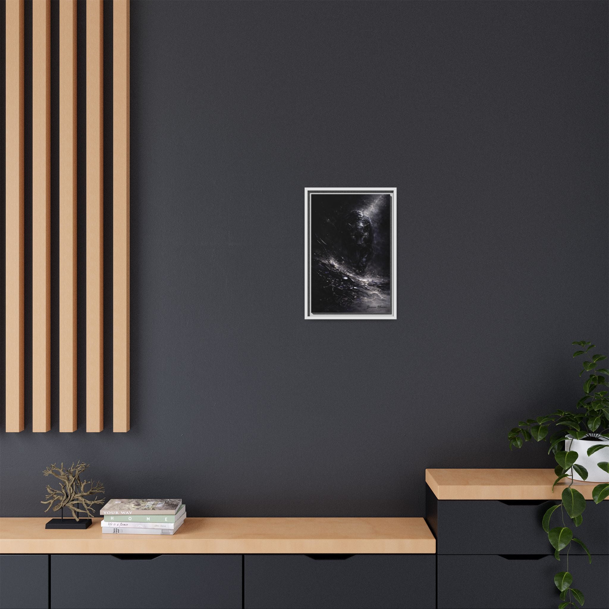 Cosmic Black Panther Matte Framed Canvas – Dark Abstract Wildlife Wall Art