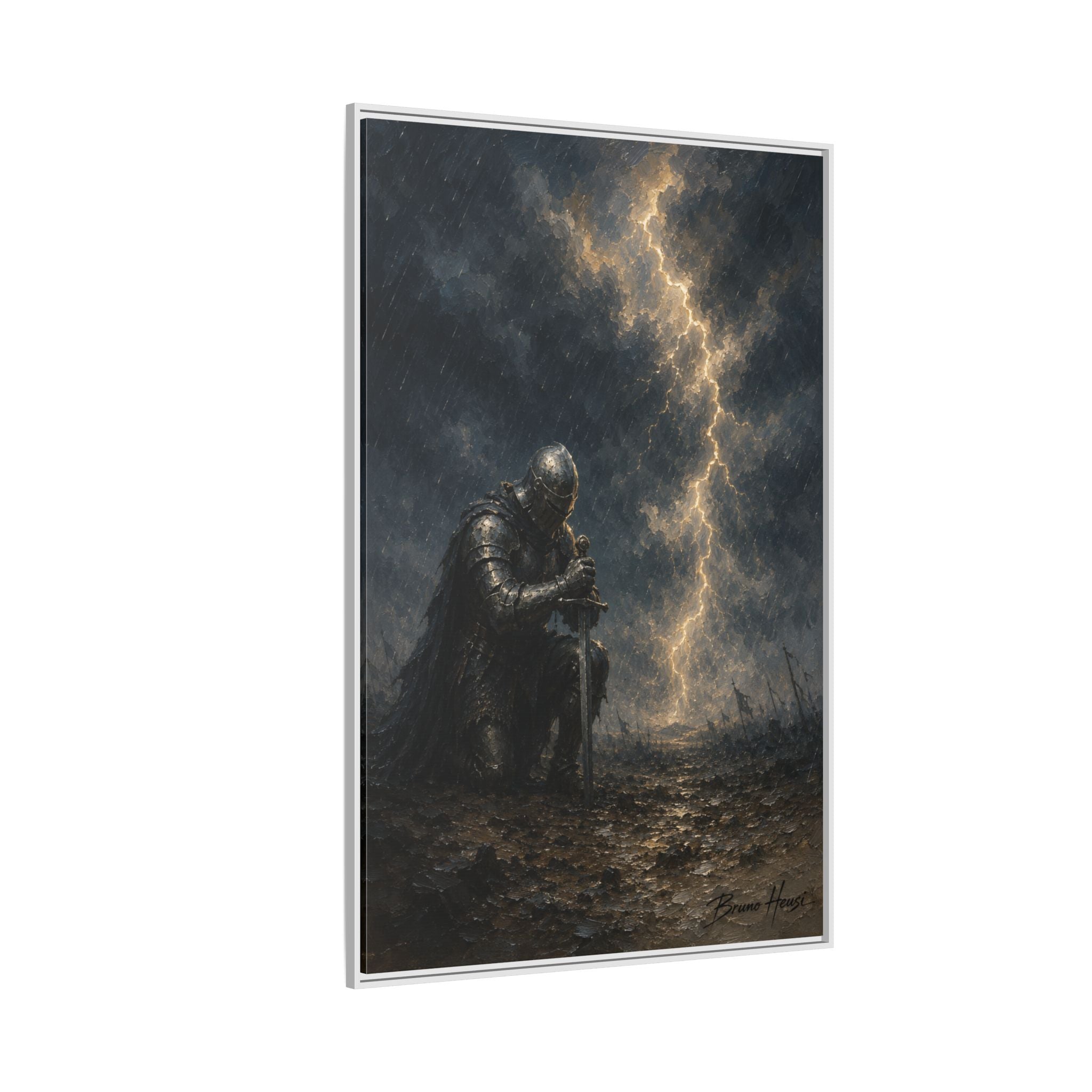 Knight in Thunderstorm Matte Framed Canvas — Dark Fantasy Wall Art
