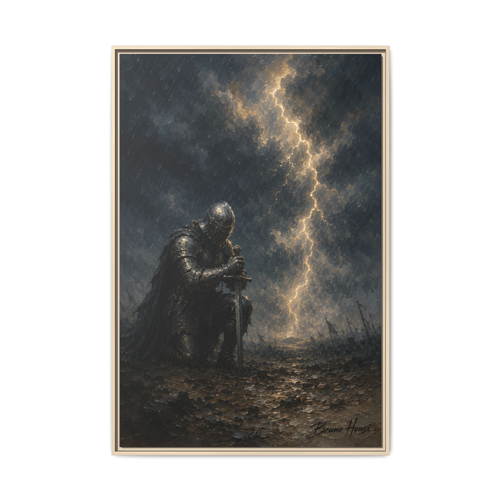 Knight in Thunderstorm Matte Framed Canvas — Dark Fantasy Wall Art