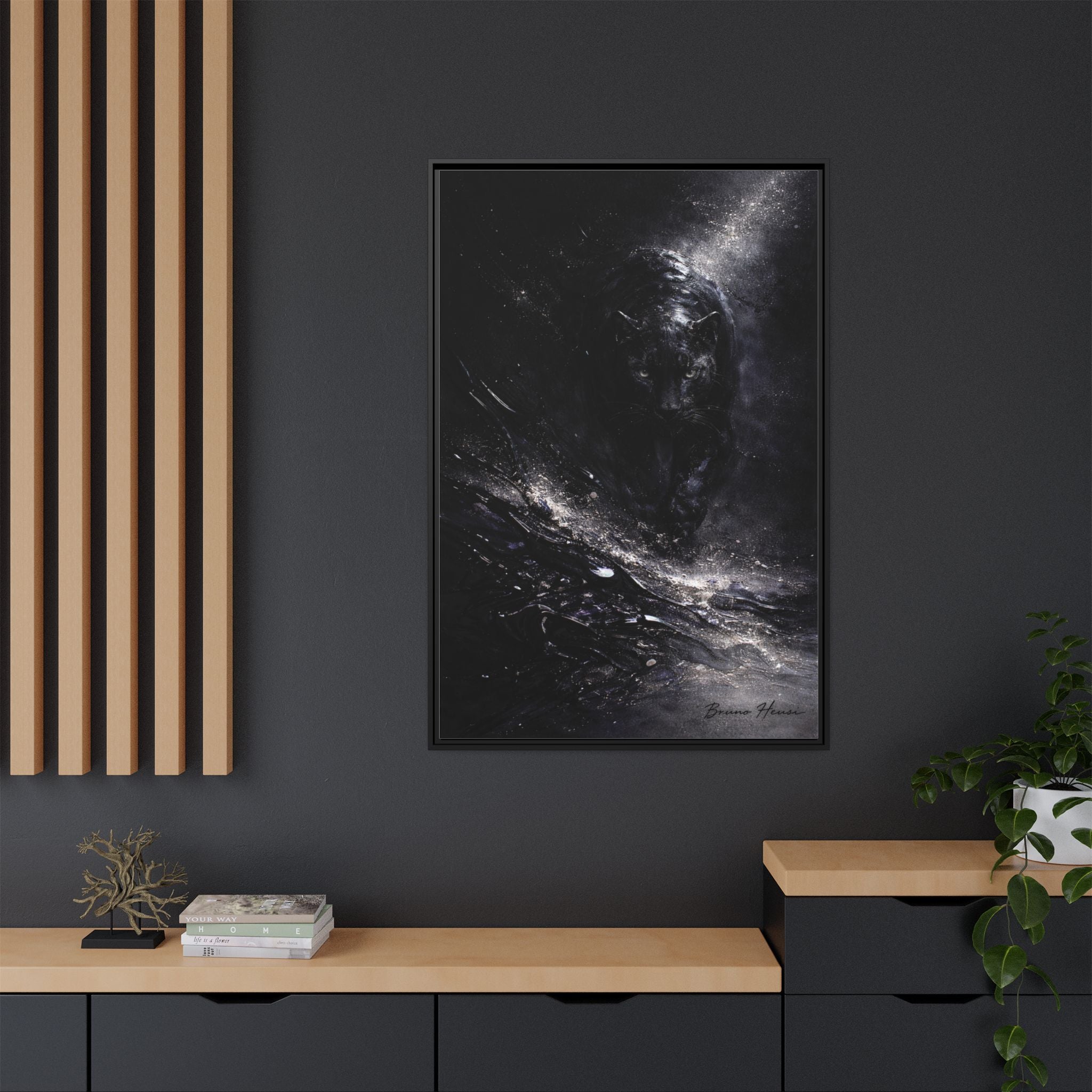Cosmic Black Panther Matte Framed Canvas – Dark Abstract Wildlife Wall Art