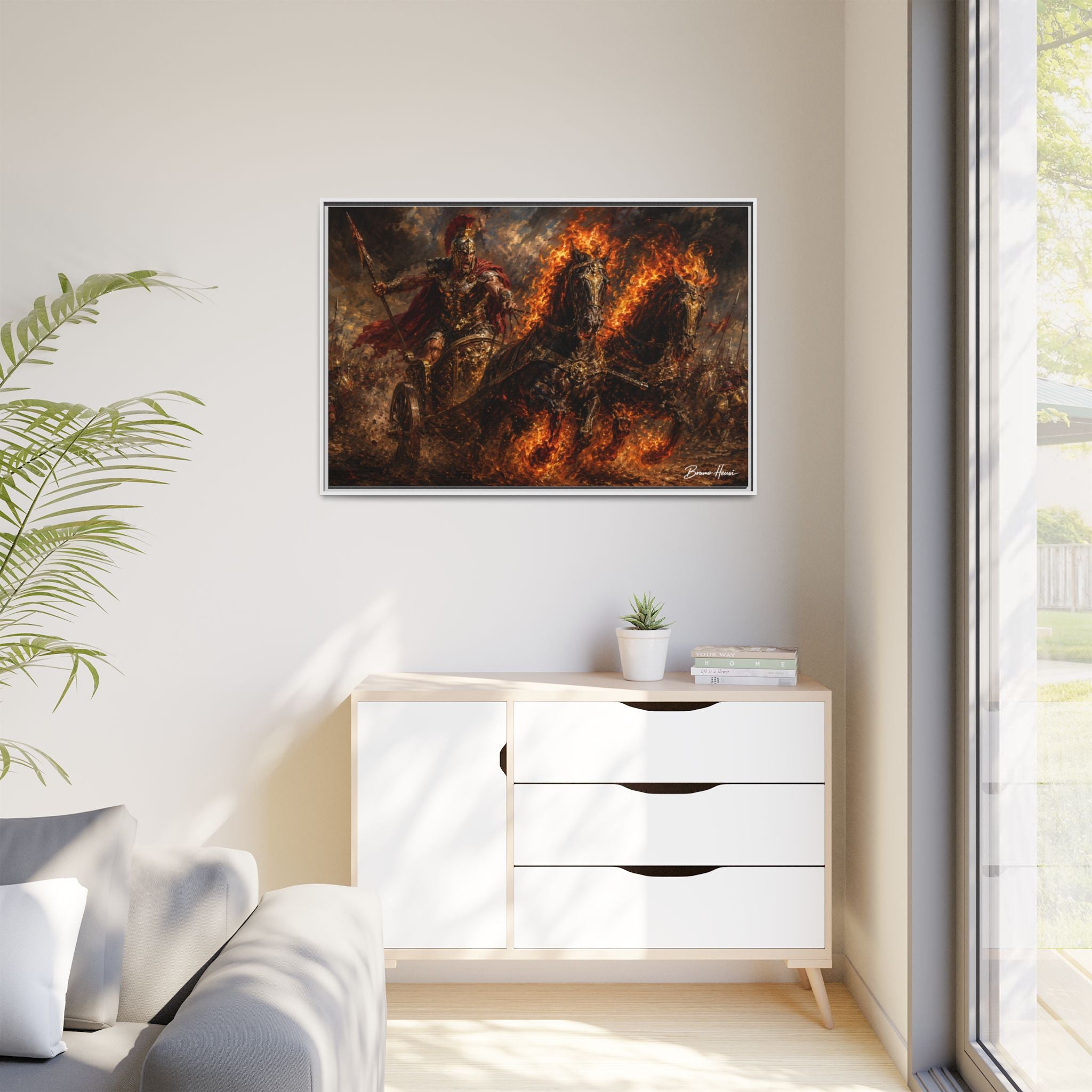 Flaming Chariot Framed Canvas Wall Art — Mythic Warrior Matte Print