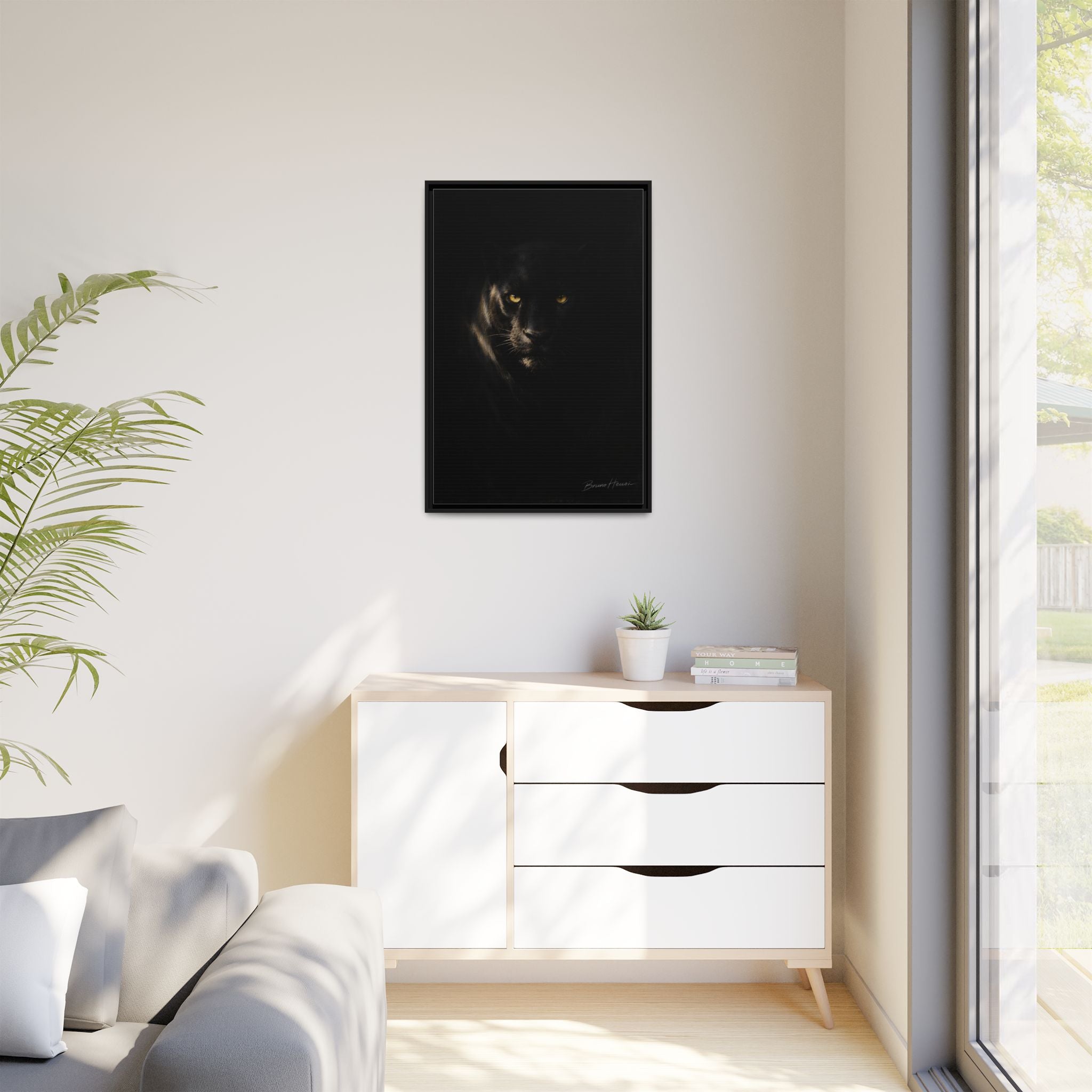 Framed Matte Canvas - Black Panther Wall Art with Golden Eyes