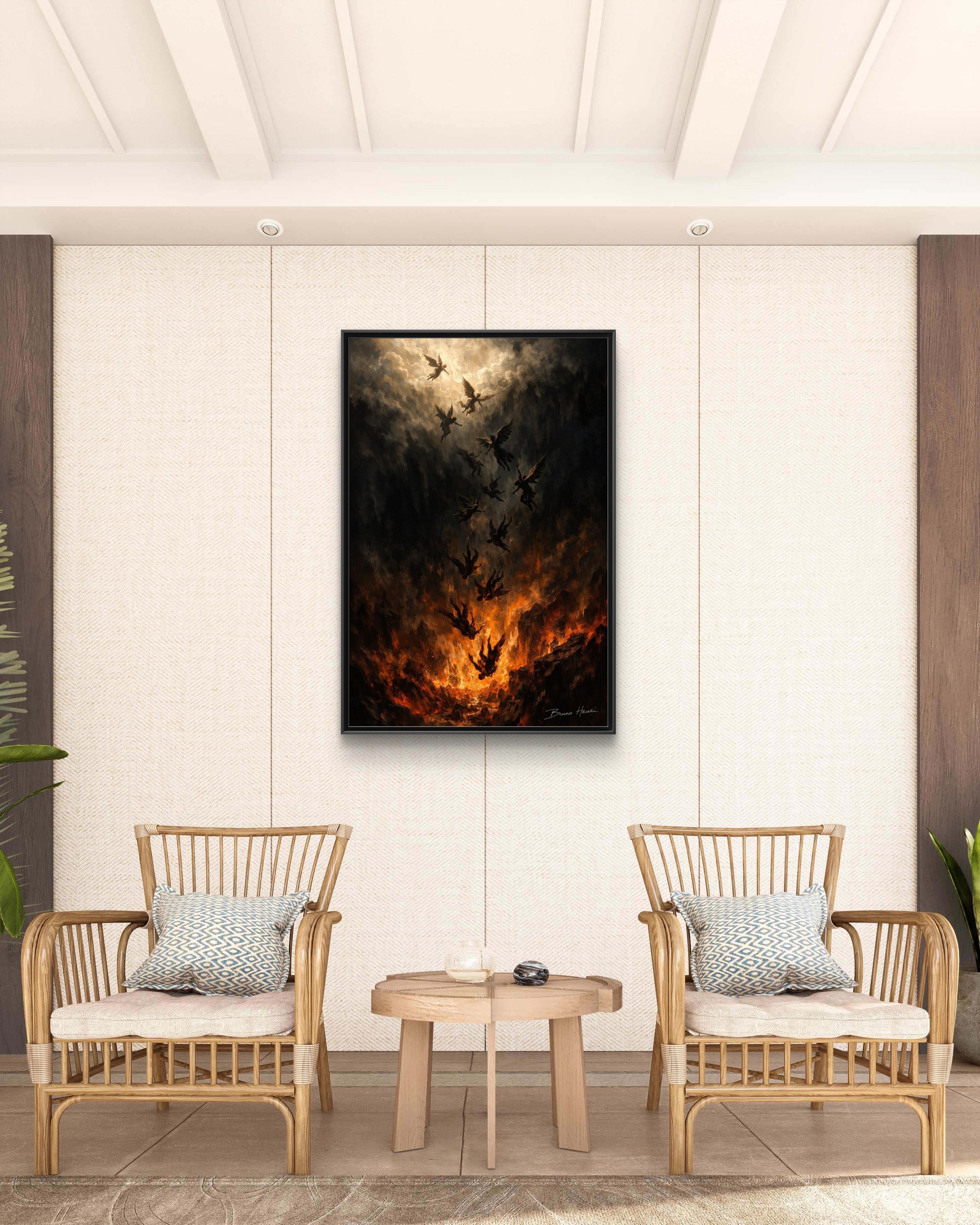 Falling Angels Matte Framed Canvas Print — Dark Fantasy Wall Art