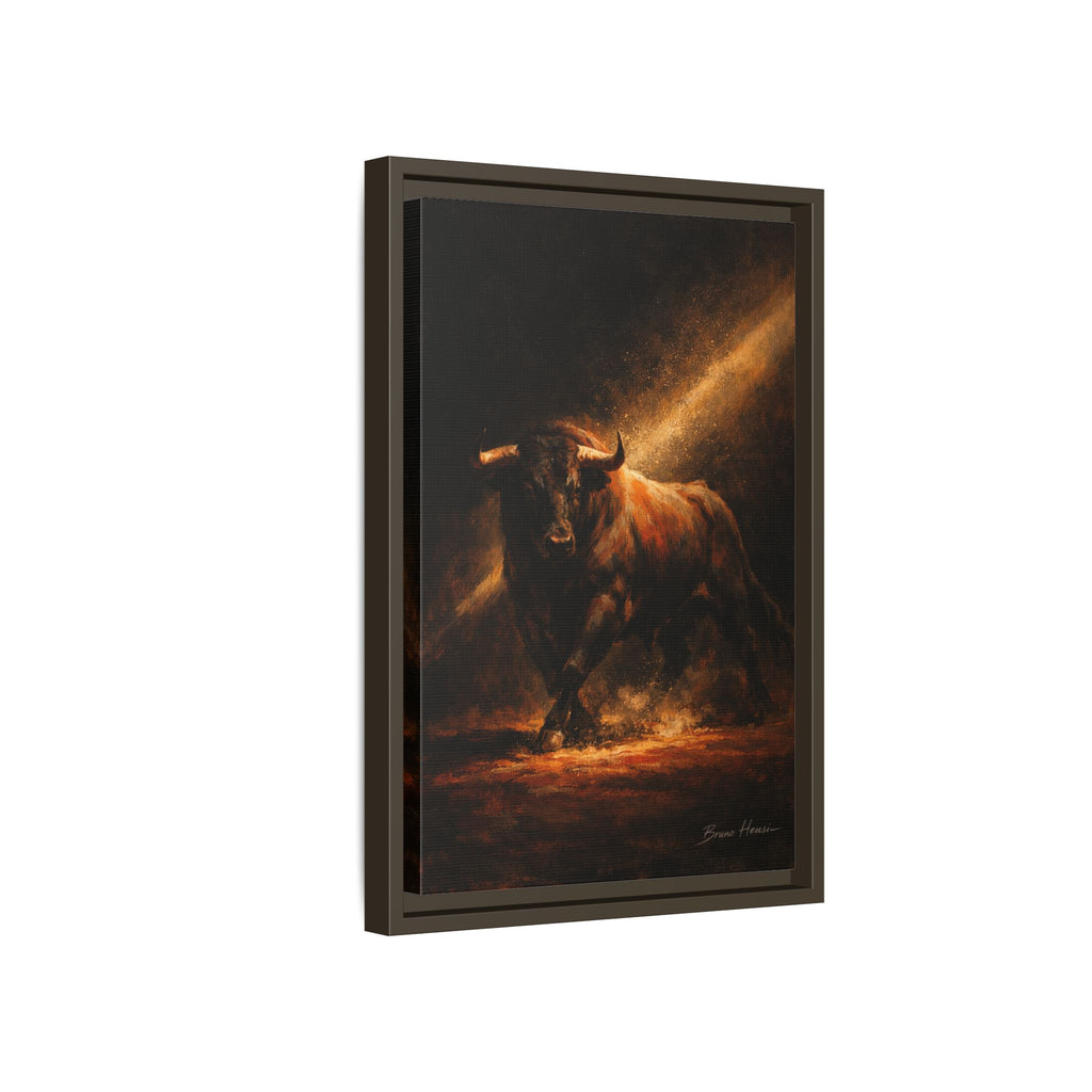 Framed Matte Canvas Art - Dramatic Charging Bull Painting