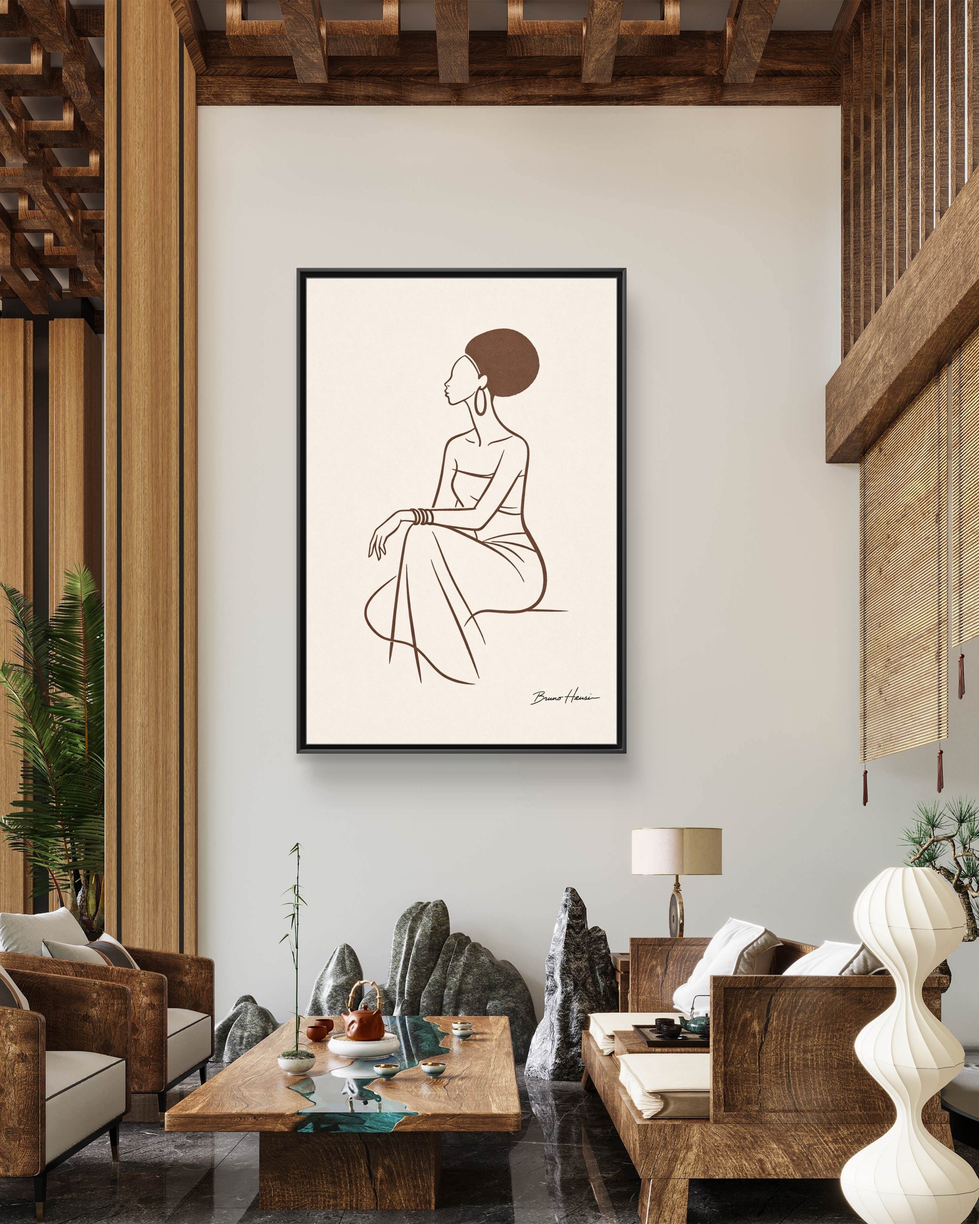 Elegant Minimalist Line Art Woman — Framed Matte Canvas Wall Art