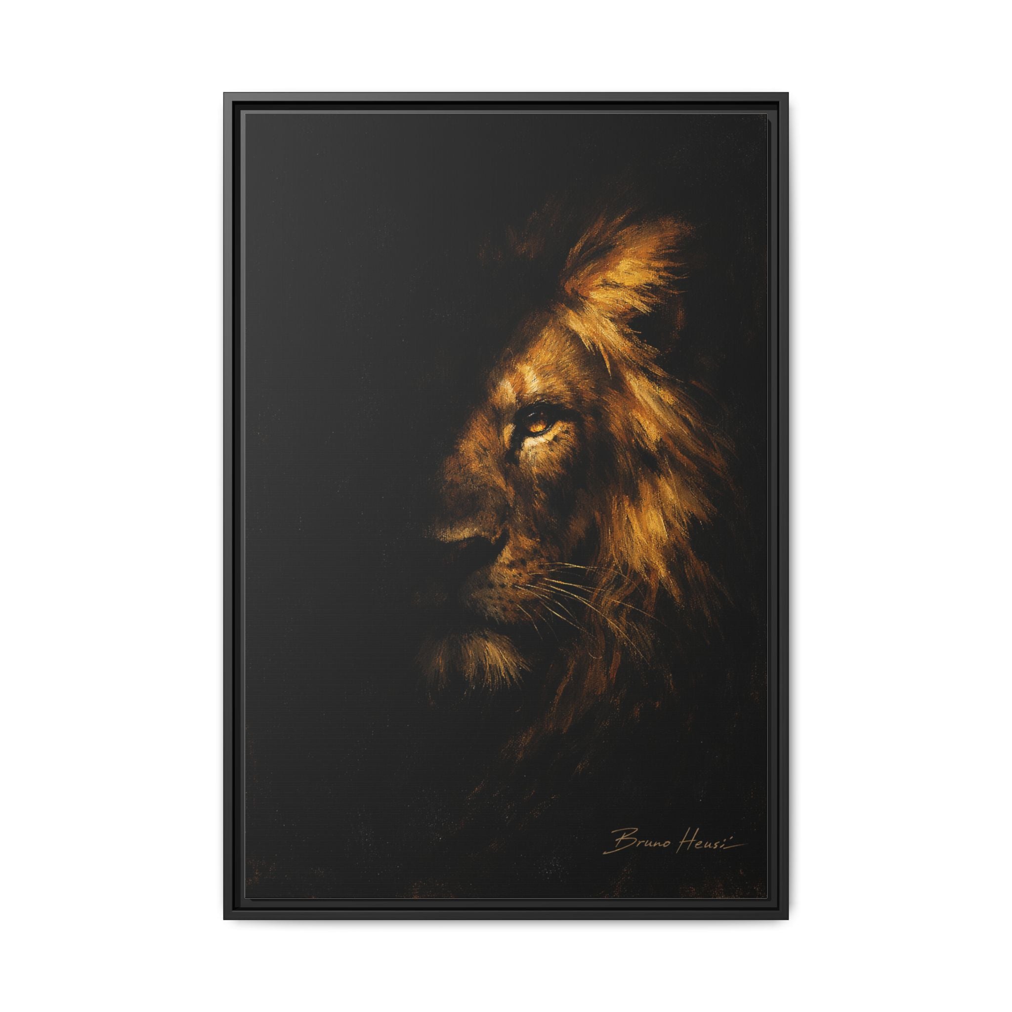 Majestic Lion Portrait Framed Canvas Wall Art — Golden Mane on Black Matte Print