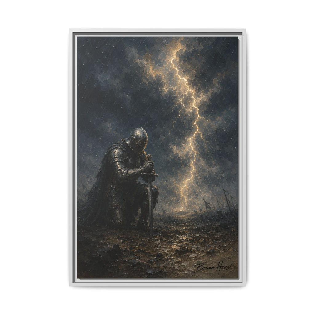 Knight in Thunderstorm Matte Framed Canvas — Dark Fantasy Wall Art