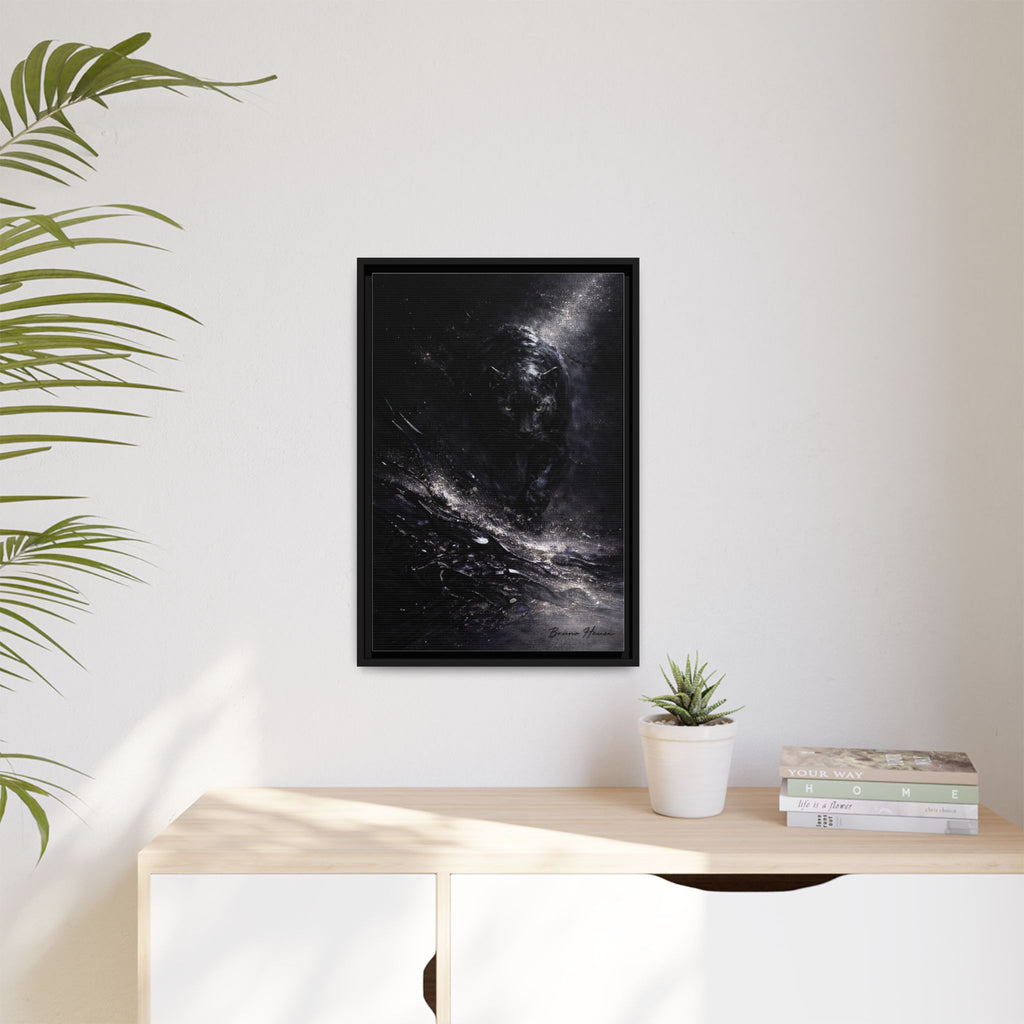Cosmic Black Panther Matte Framed Canvas – Dark Abstract Wildlife Wall Art