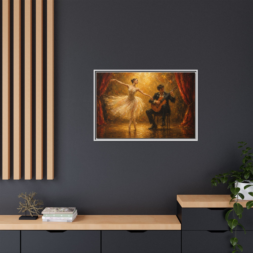 Ballet Dancer & Guitarist Framed Canvas Wall Art — Oil-Style Performance Print