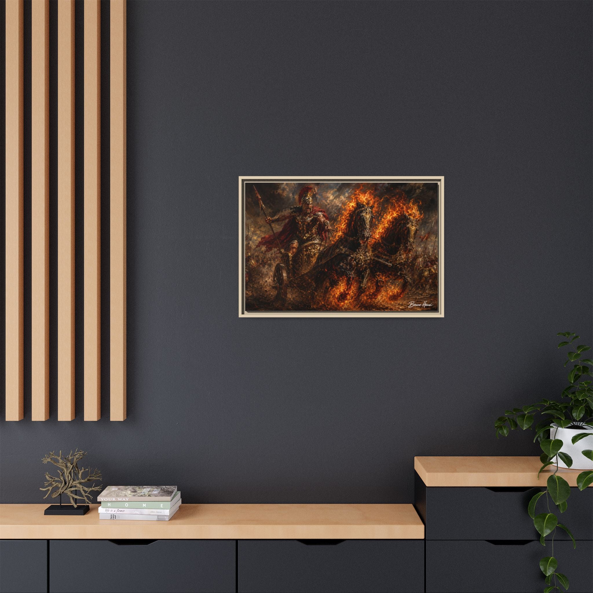 Flaming Chariot Framed Canvas Wall Art — Mythic Warrior Matte Print