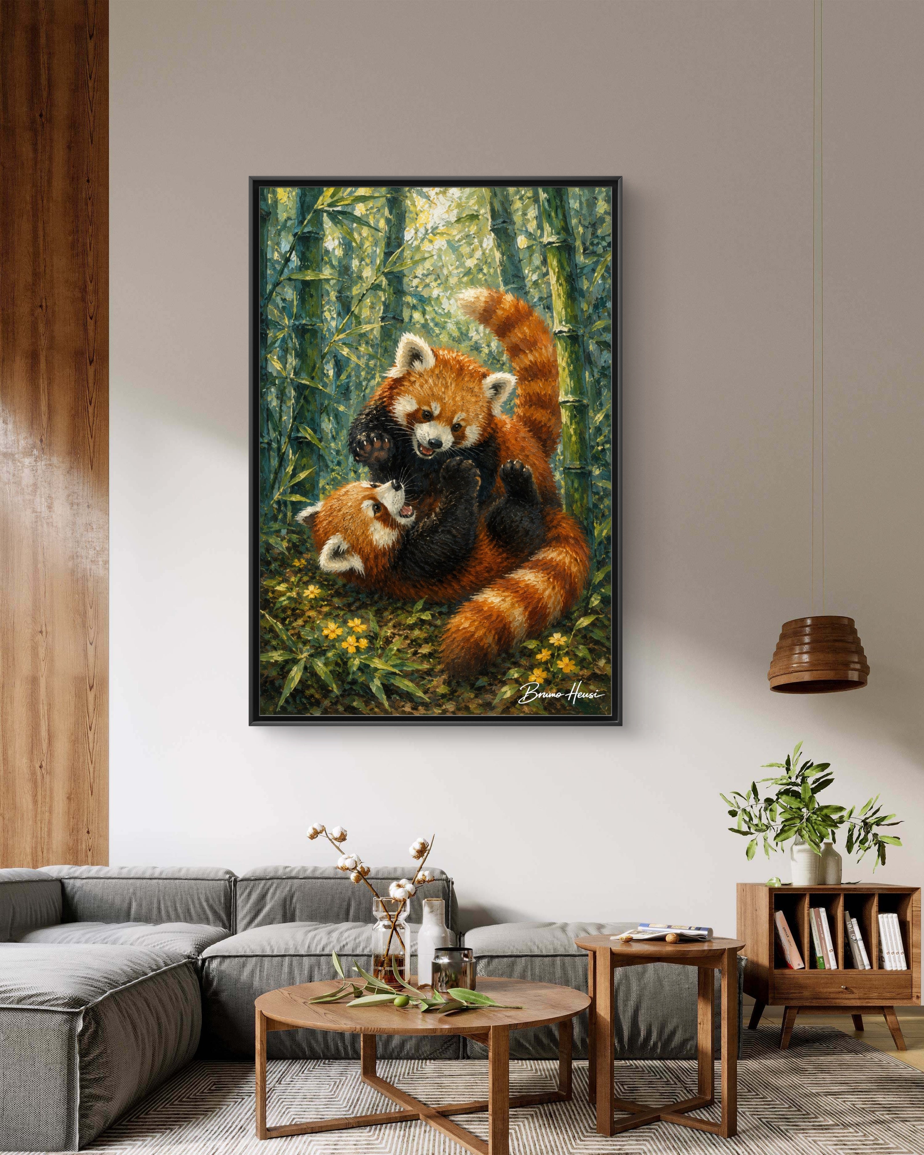 Red Panda Playtime Framed Canvas Wall Art — Playful Wildlife Print