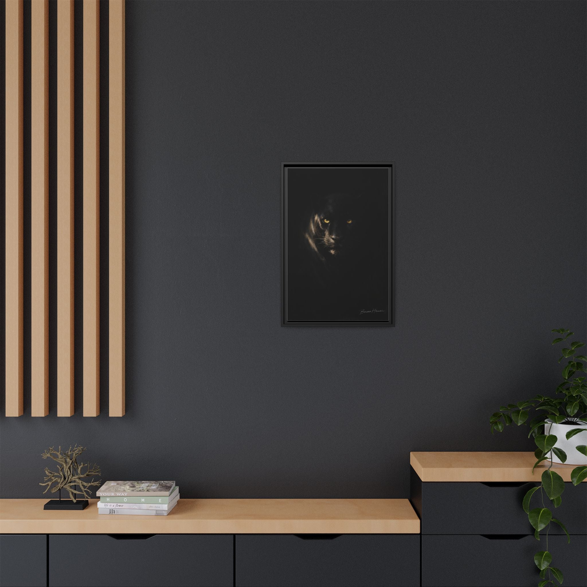 Framed Matte Canvas - Black Panther Wall Art with Golden Eyes