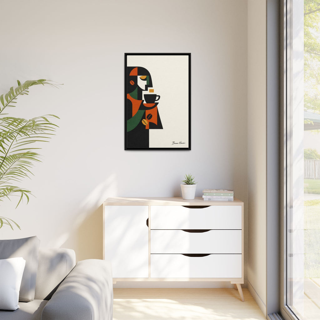 Abstract Coffee Drinker Framed Canvas Print — Modern Café Wall Art
