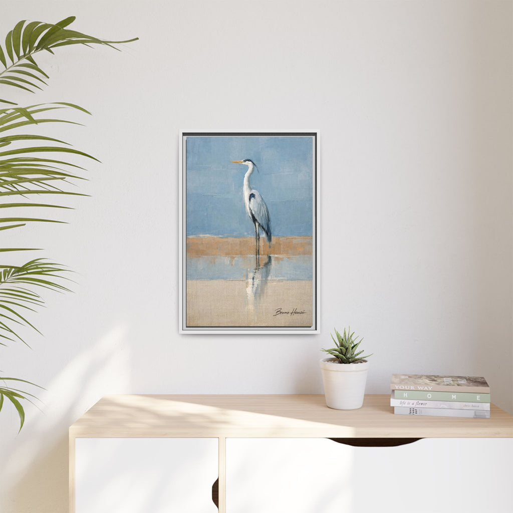 Framed Heron Canvas Art – Coastal Shorebird Wall Decor
