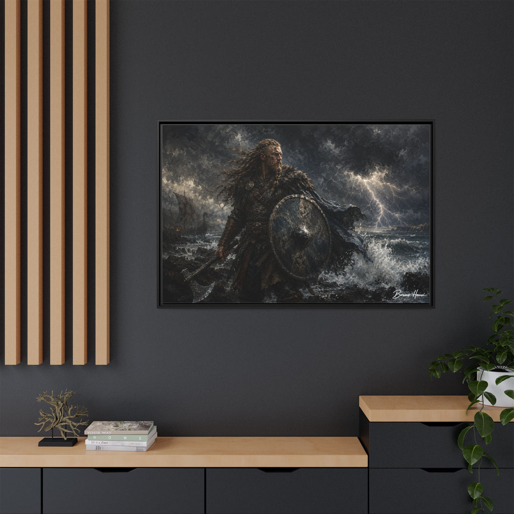 Viking Warrior Matte Framed Canvas Print — Stormy Norse Shield and Axe Wall Art