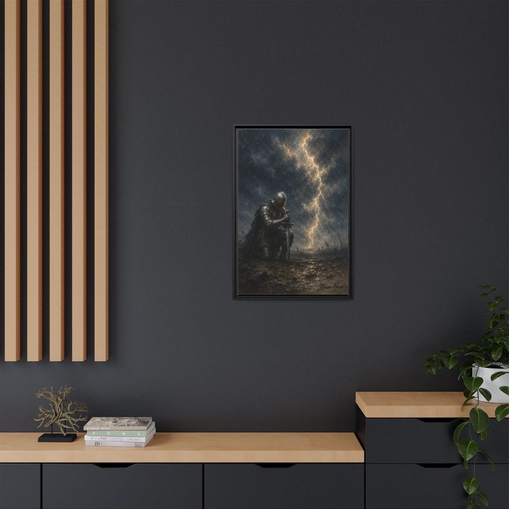 Knight in Thunderstorm Matte Framed Canvas — Dark Fantasy Wall Art