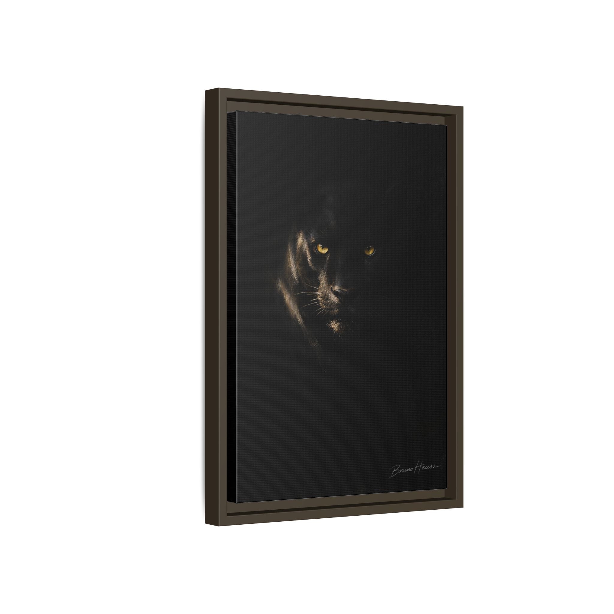 Framed Matte Canvas - Black Panther Wall Art with Golden Eyes