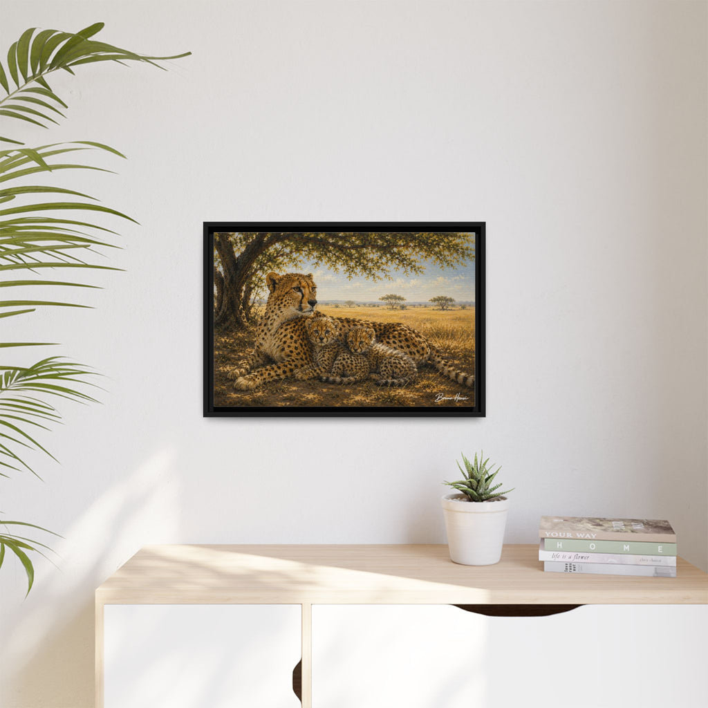 Cheetah Mother & Cubs Framed Canvas Wall Art – African Wildlife Safari Print