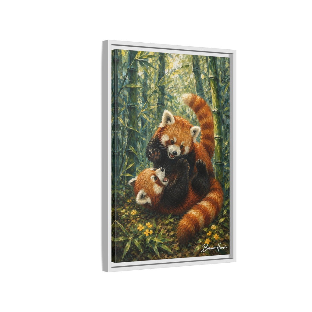 Red Panda Playtime Framed Canvas Wall Art — Playful Wildlife Print